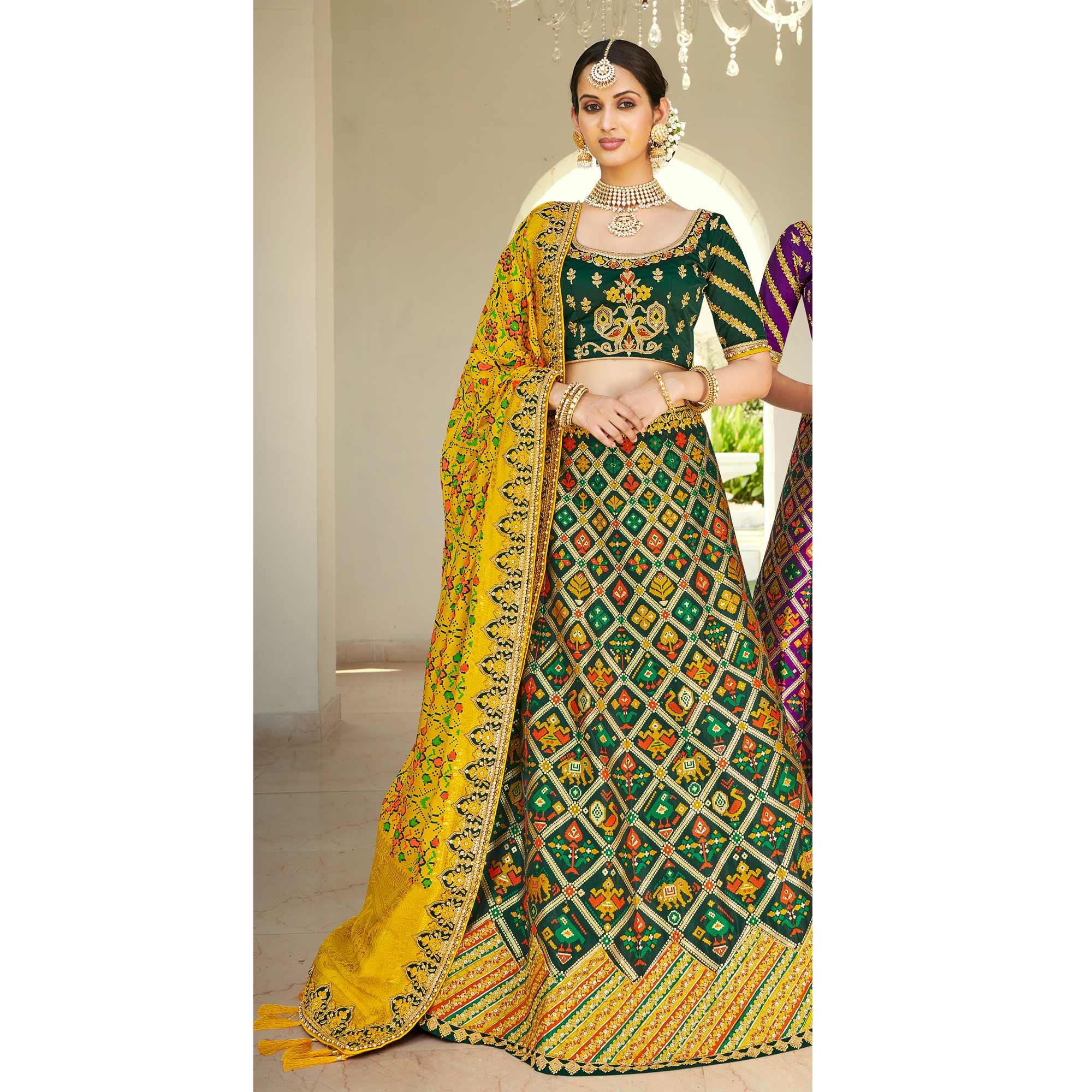 Green Wedding Wear Heavy Embroidered Banarasi Silk Lehenga Choli - Peachmode
