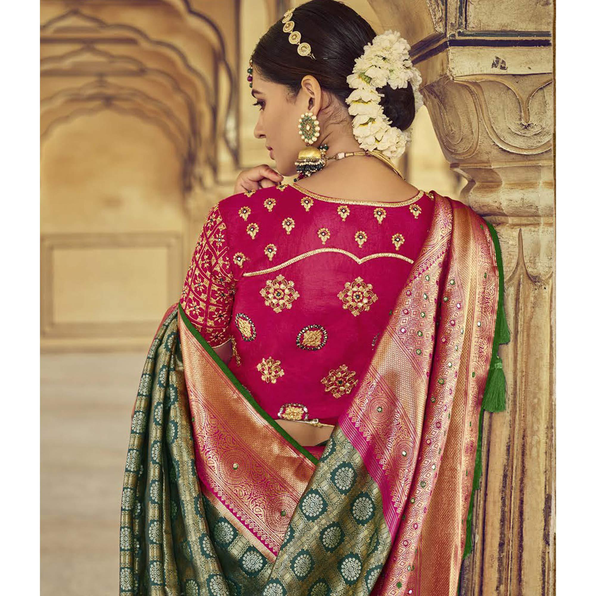 Green Wedding Wear Resham With Embellished Silk Kanjivaram Saree - Peachmode