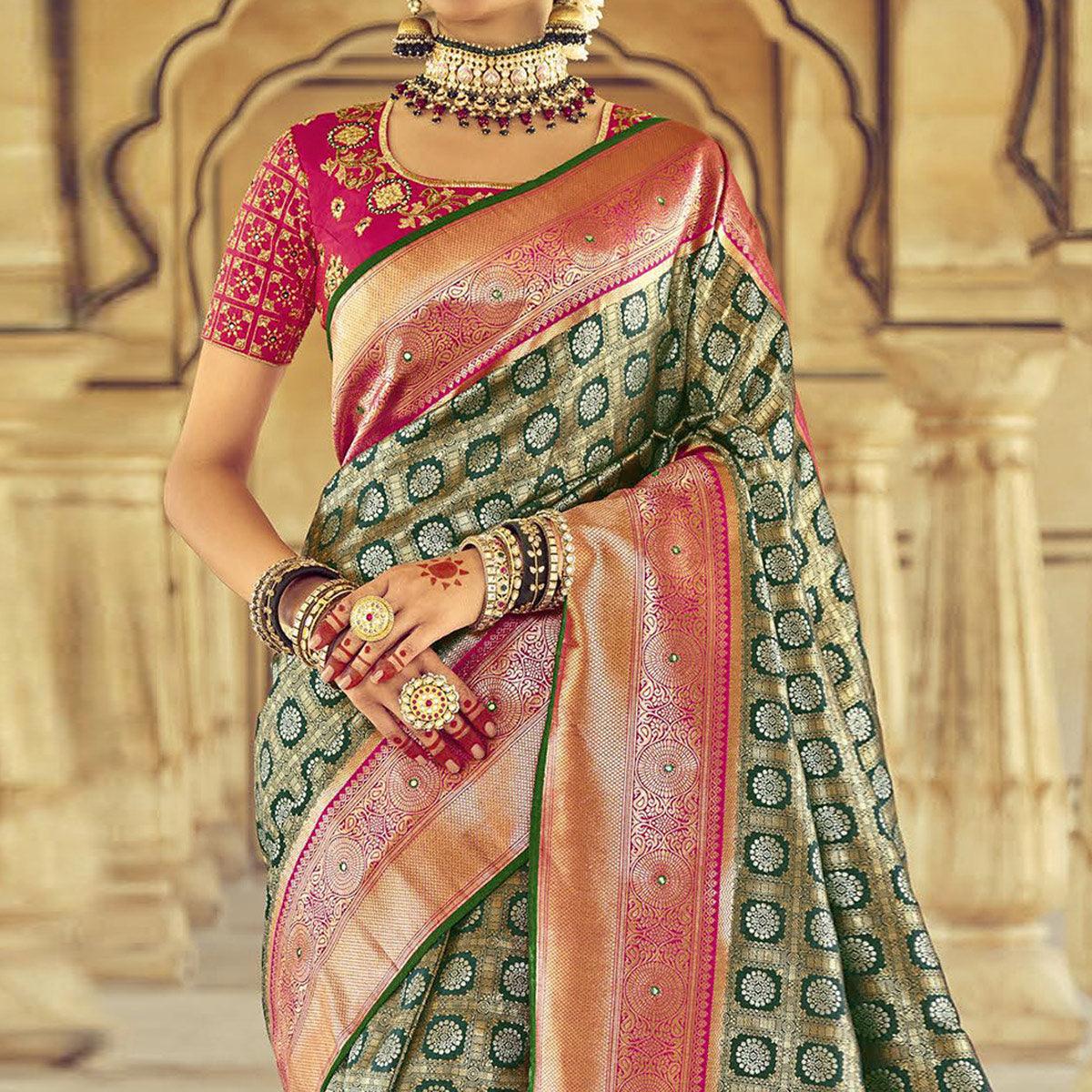 Green Wedding Wear Resham With Embellished Silk Kanjivaram Saree - Peachmode