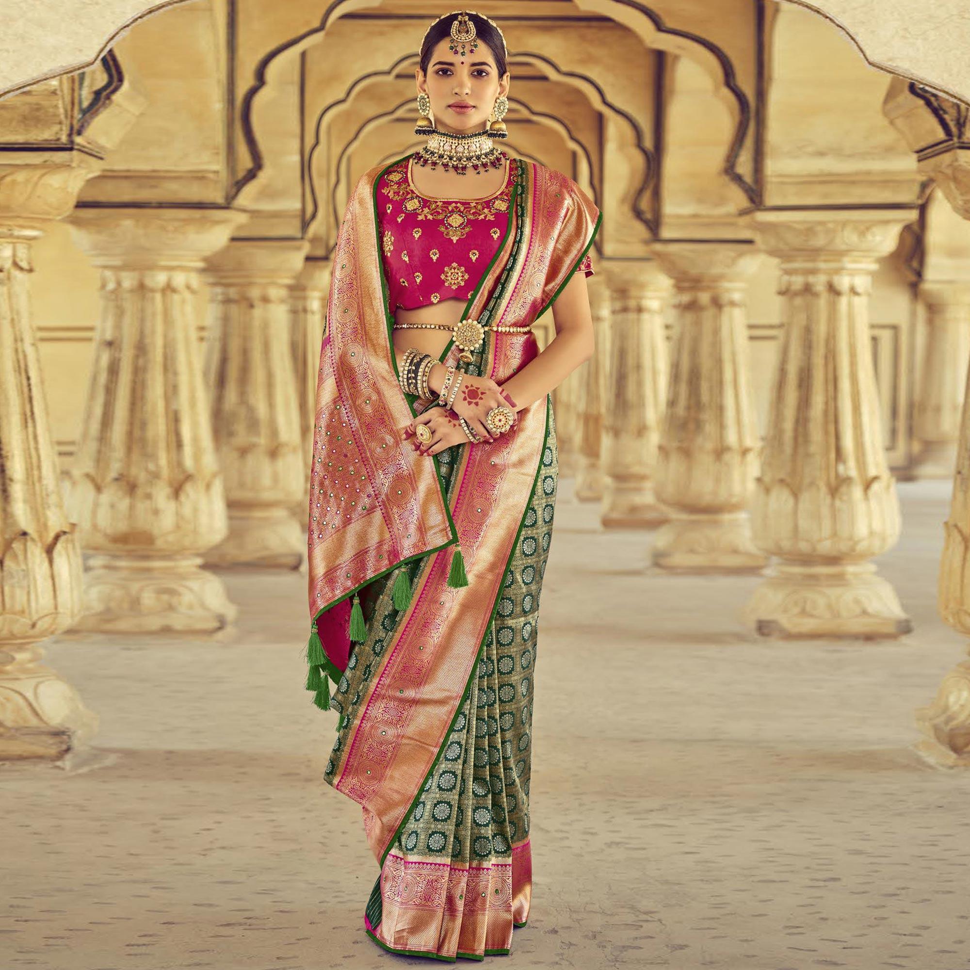 Green Wedding Wear Resham With Embellished Silk Kanjivaram Saree - Peachmode