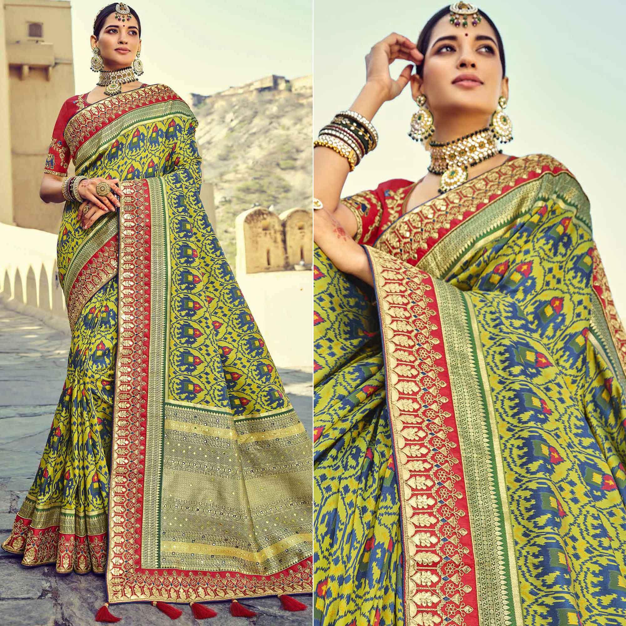 Green Wedding Wear Resham With Embellished Silk Patola Saree - Peachmode