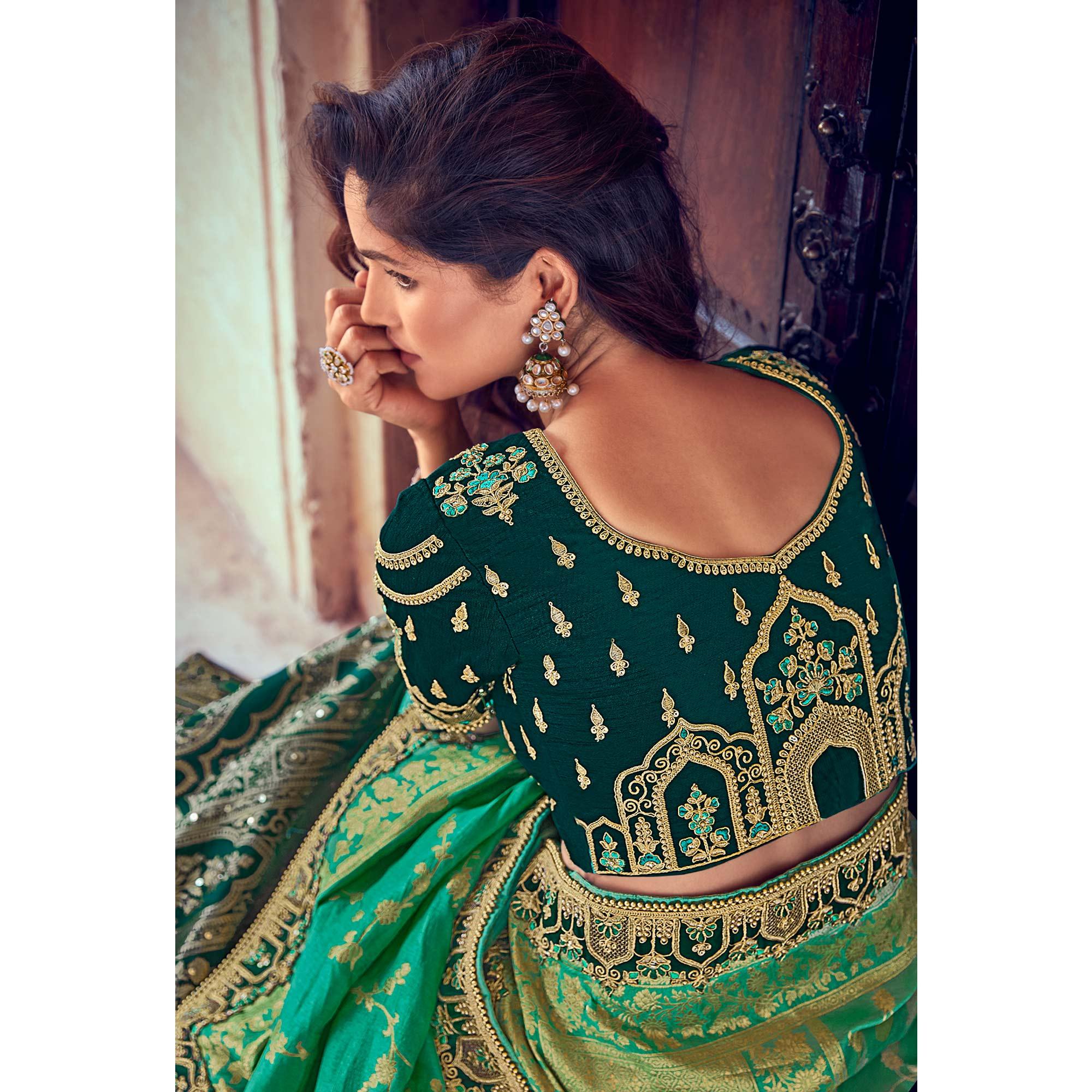 Green Wedding Wear Woven & Embroidered Silk Lehenga Choli - Peachmode