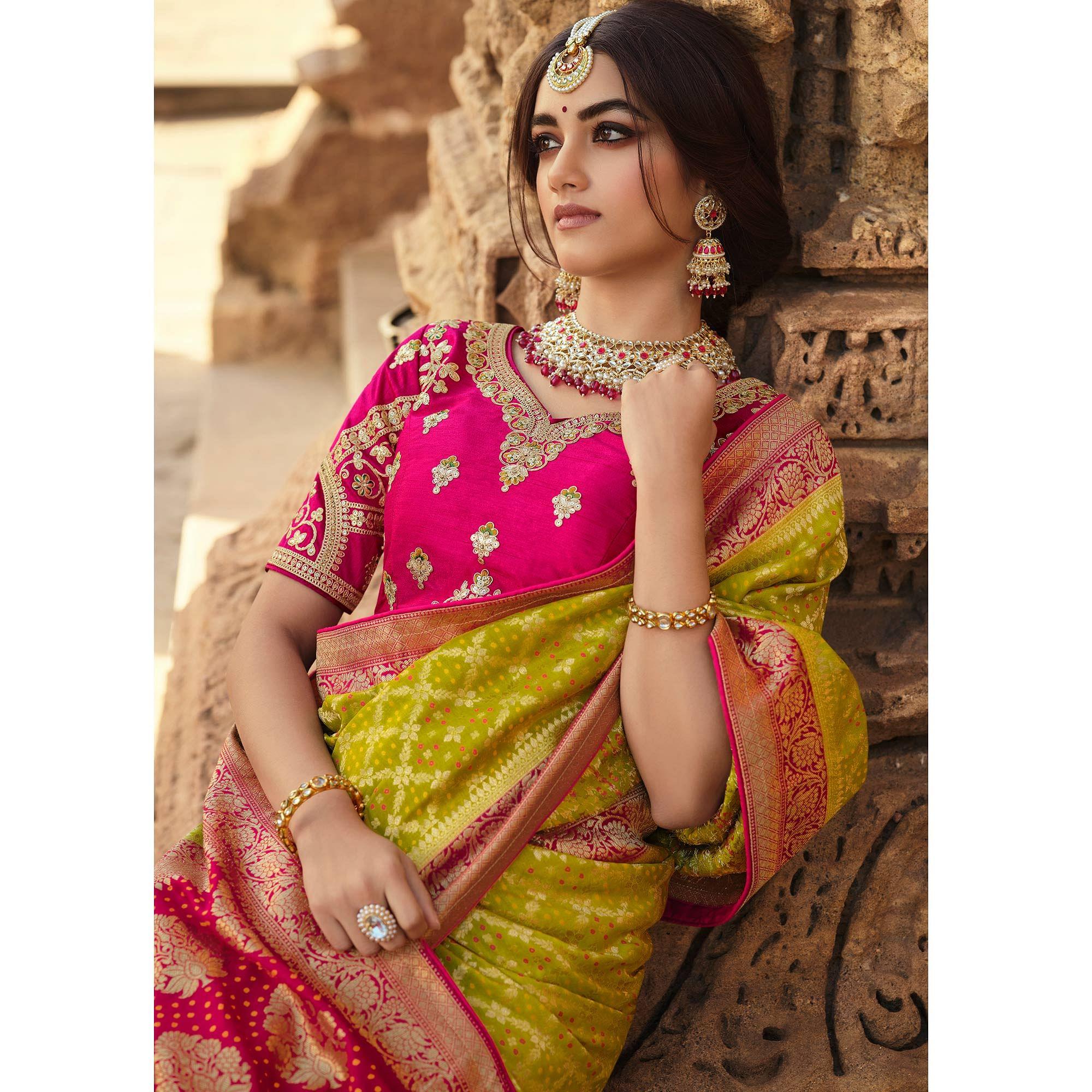 Green Wedding Wear Woven Silk Saree With Tassels - Peachmode