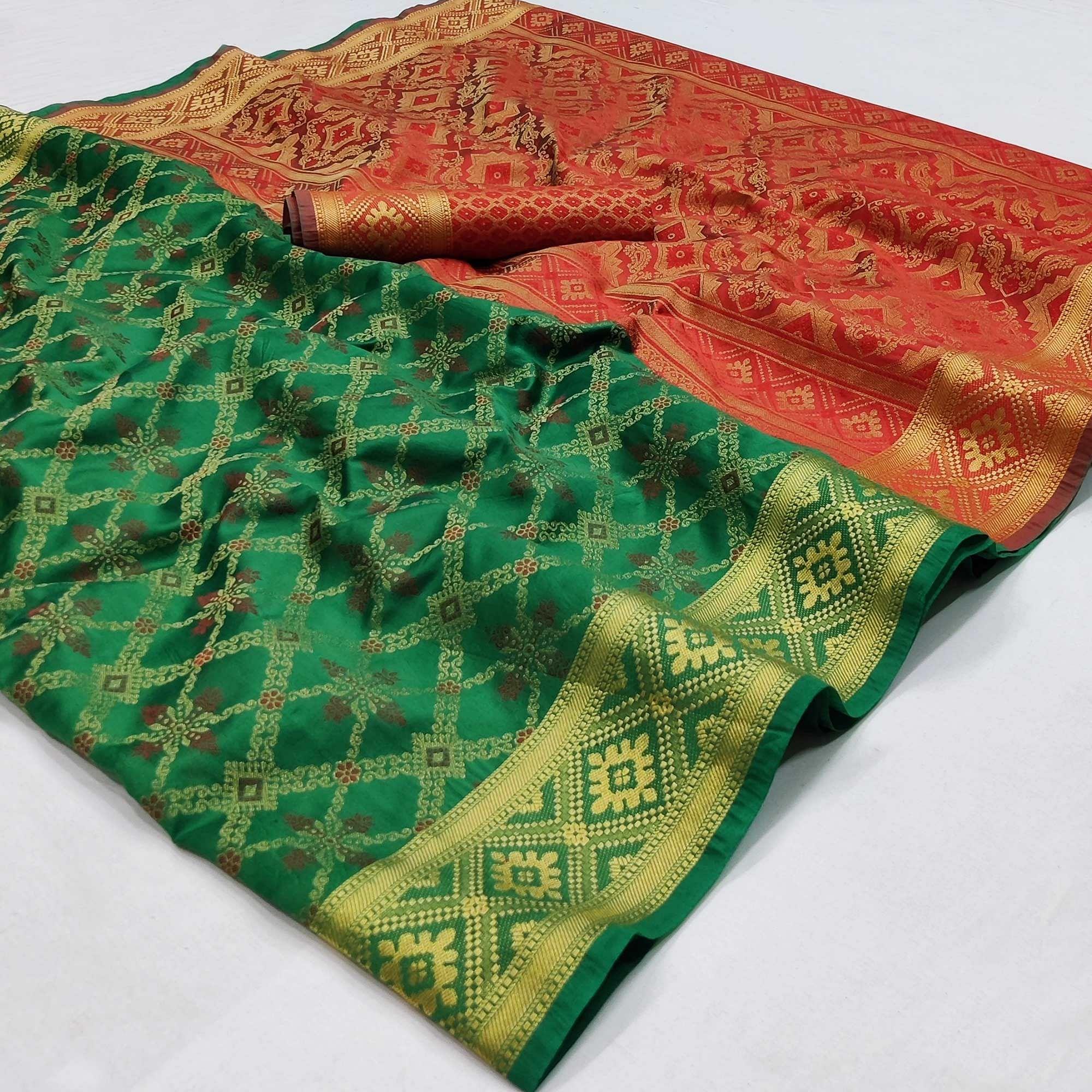 Green Woven Art Silk Saree - Peachmode