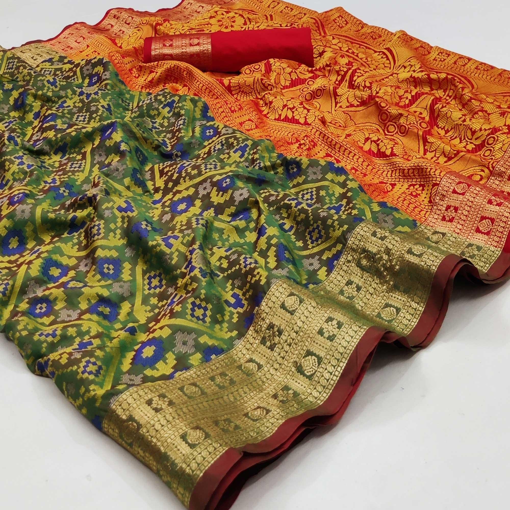 Green Woven Art Silk Saree - Peachmode