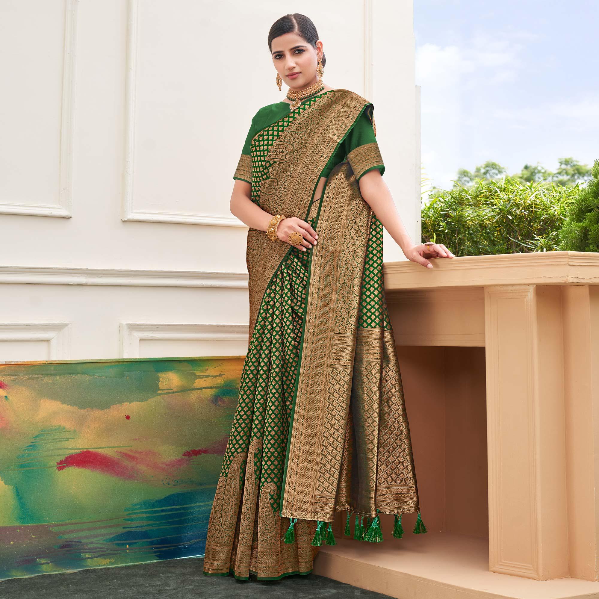 Green Woven Art Silk Saree - Peachmode
