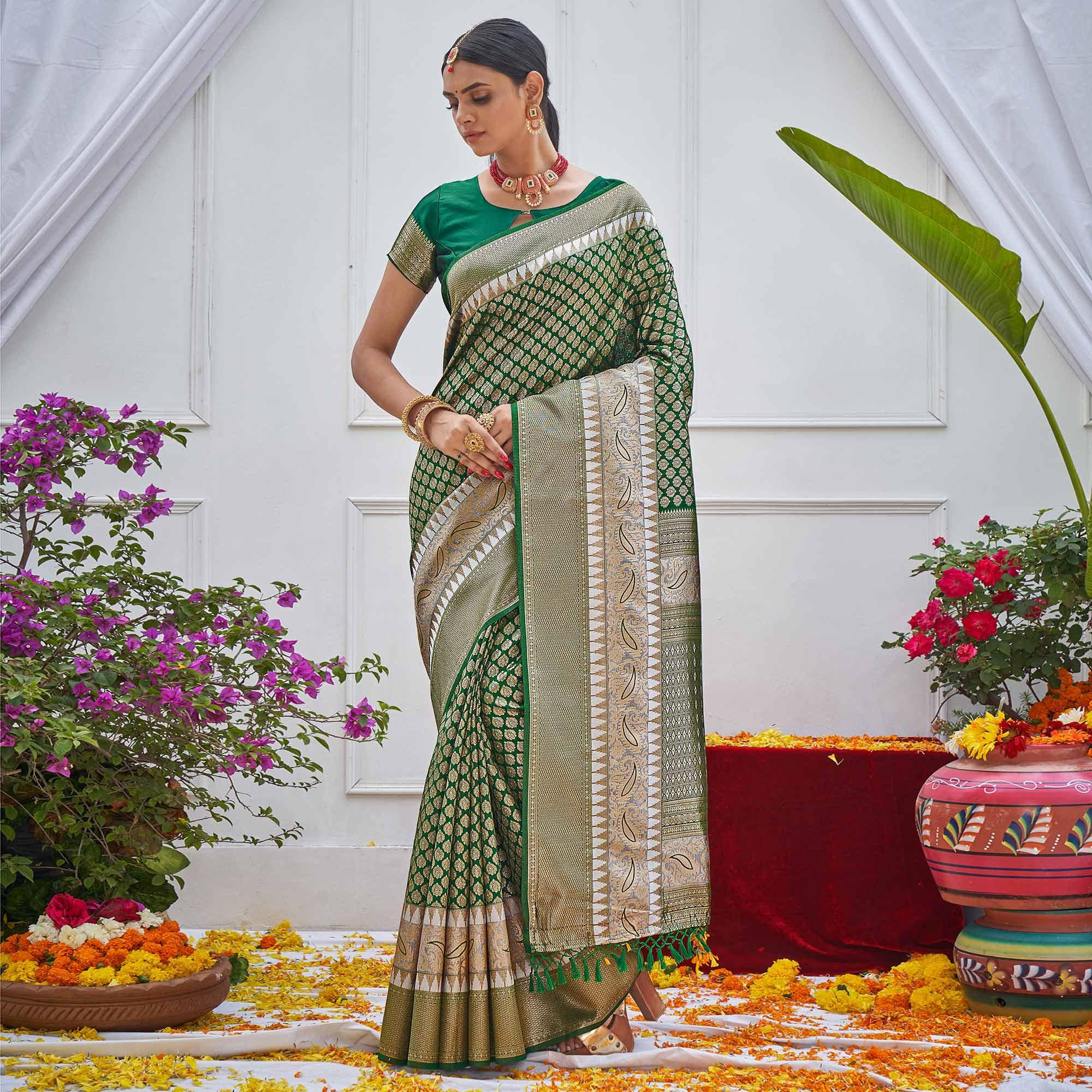 Green Woven Art Silk Saree - Peachmode