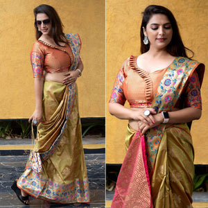 Green Woven Art Silk Saree - Peachmode