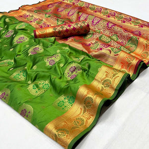 Green Woven Art Silk Saree - Peachmode