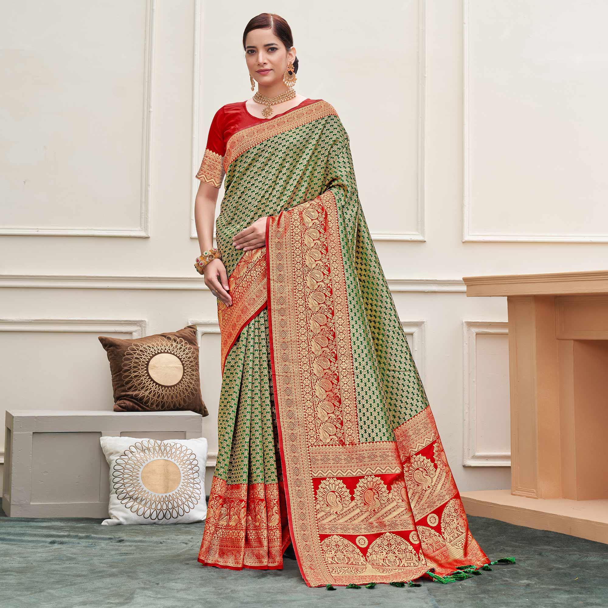 Green Woven Art Silk Saree - Peachmode