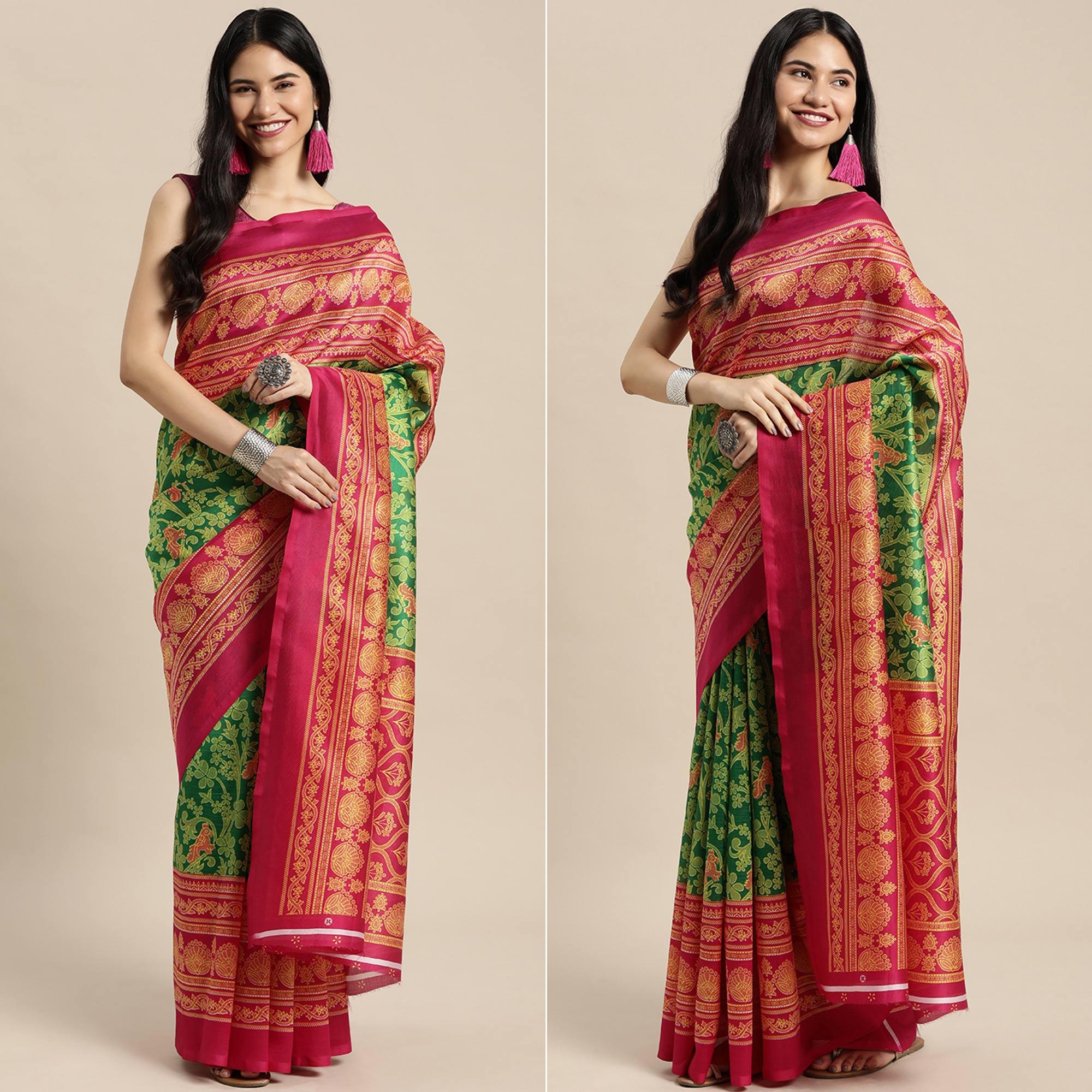 Green Woven Art Silk Saree - Peachmode