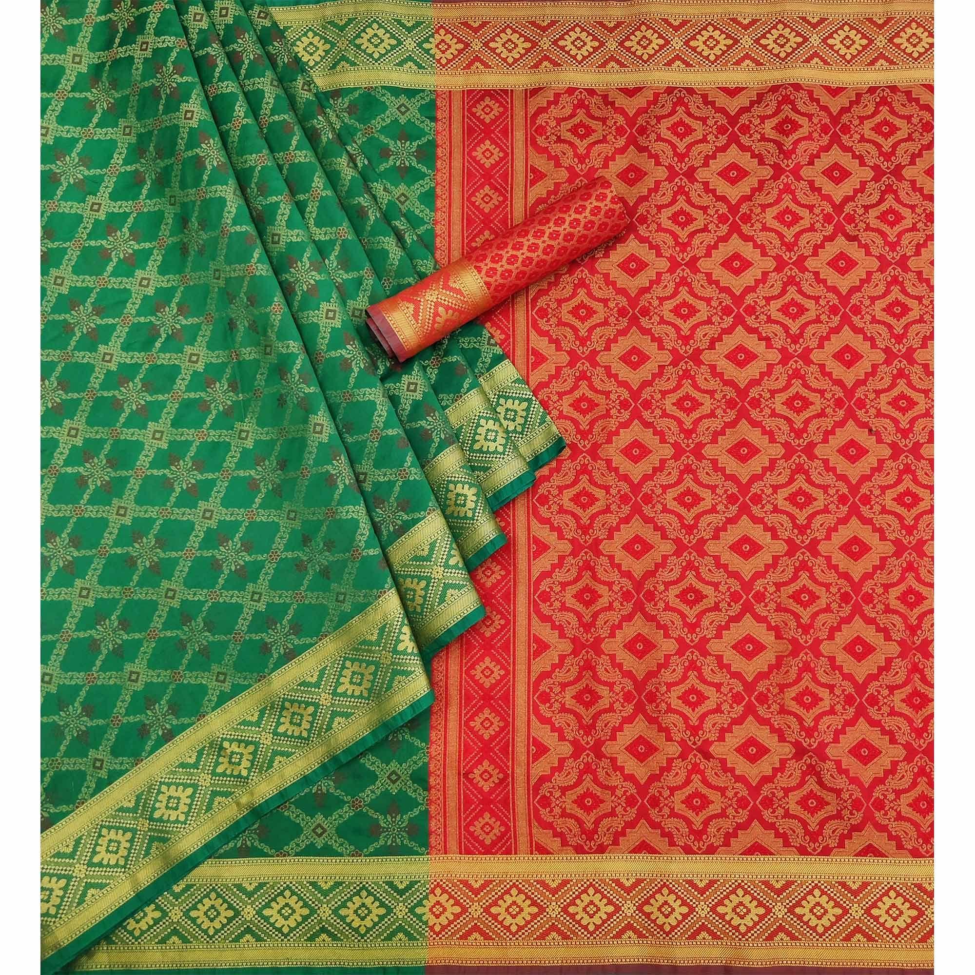 Green Woven Art Silk Saree - Peachmode