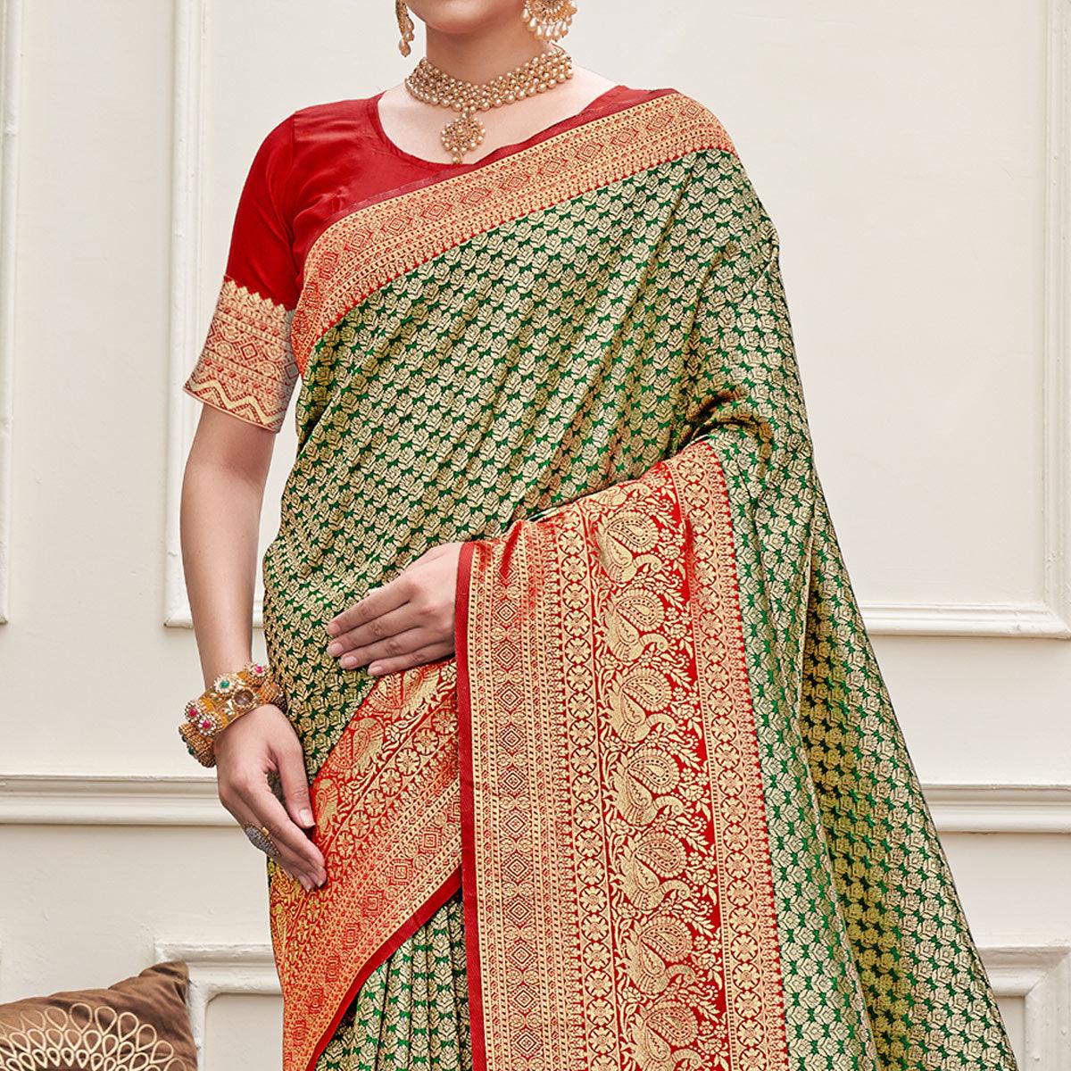 Green Woven Art Silk Saree - Peachmode