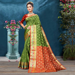 Green Woven Art Silk Saree - Peachmode