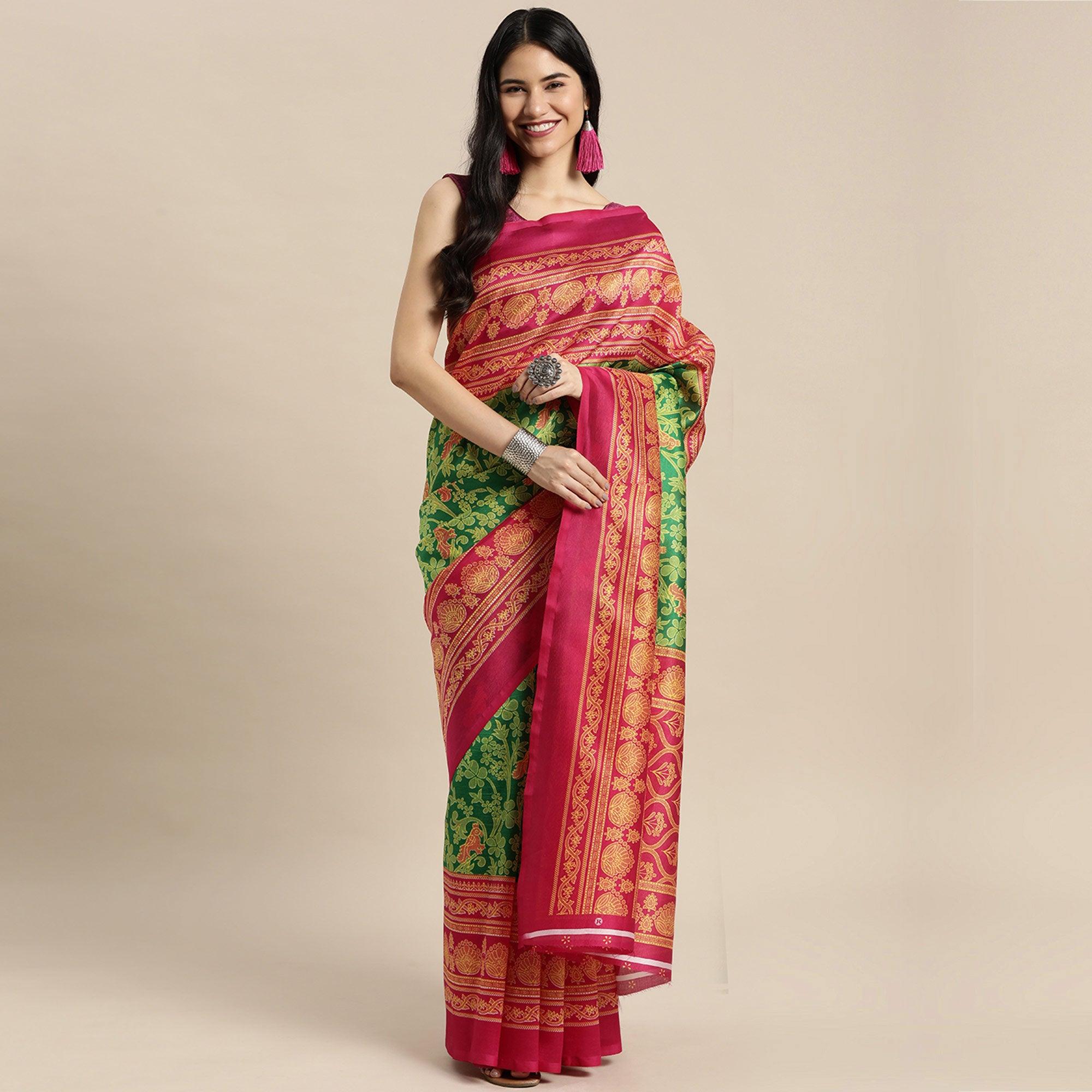 Green Woven Art Silk Saree - Peachmode