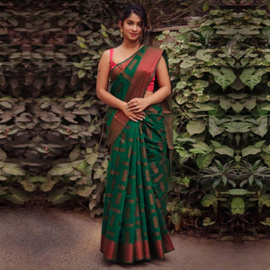 Green Woven Art Silk Saree - Peachmode