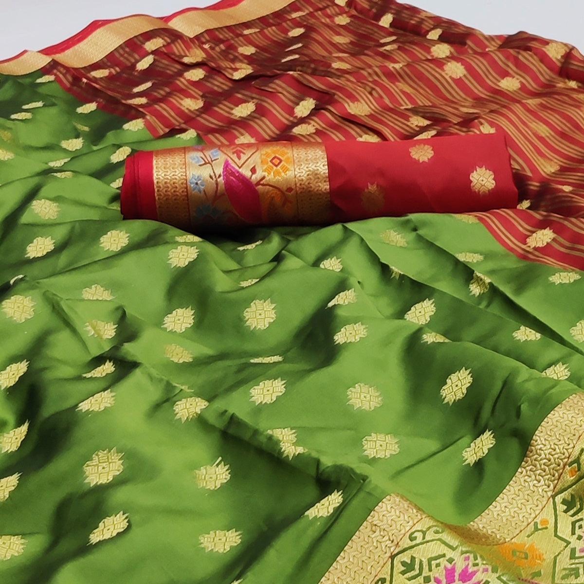 Green Woven Art Silk Saree - Peachmode