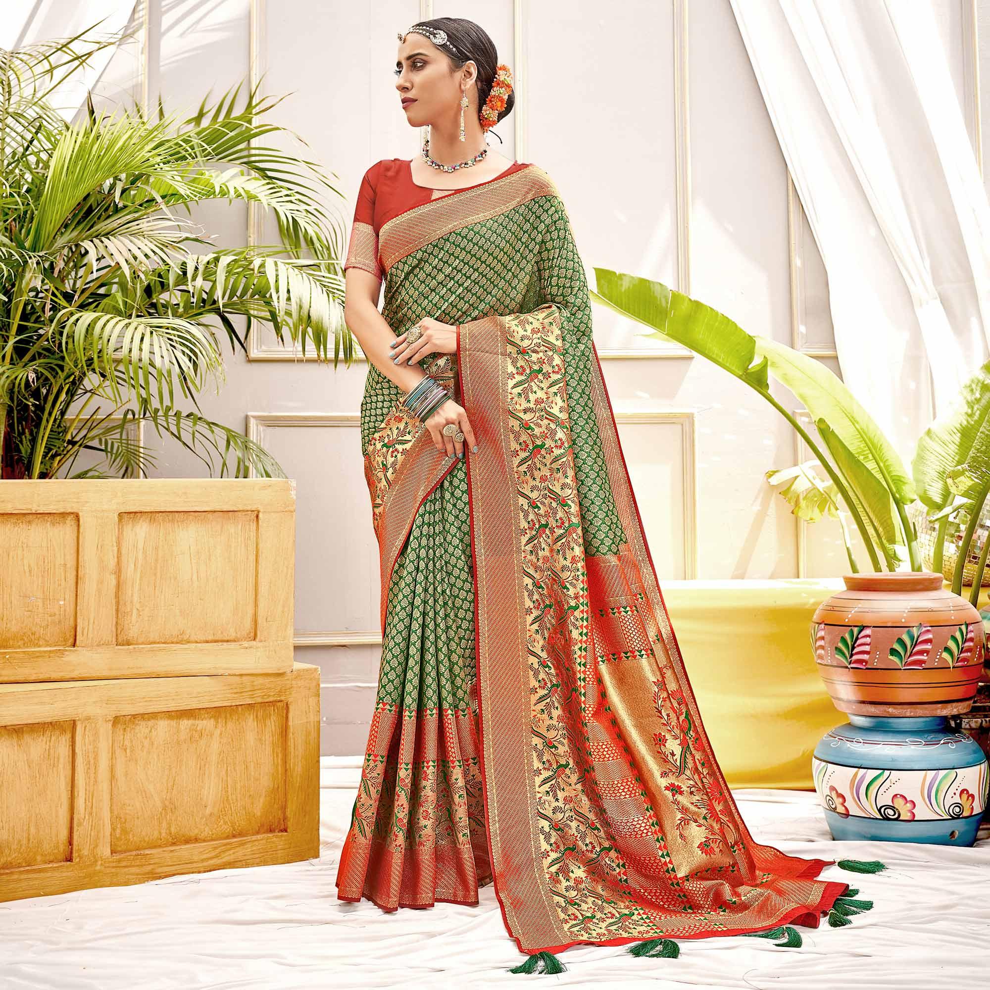 Green Woven Art Silk Saree - Peachmode