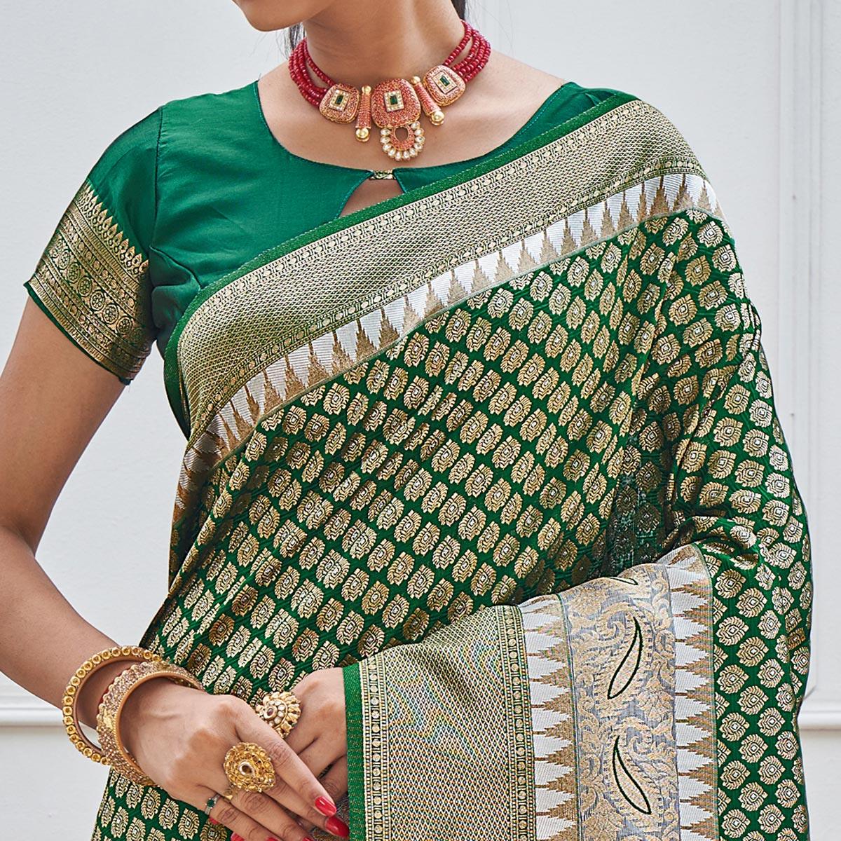 Green Woven Art Silk Saree - Peachmode