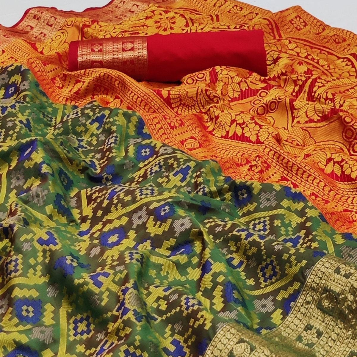 Green Woven Art Silk Saree - Peachmode