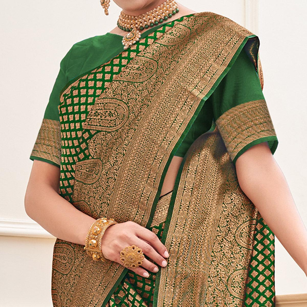 Green Woven Art Silk Saree - Peachmode