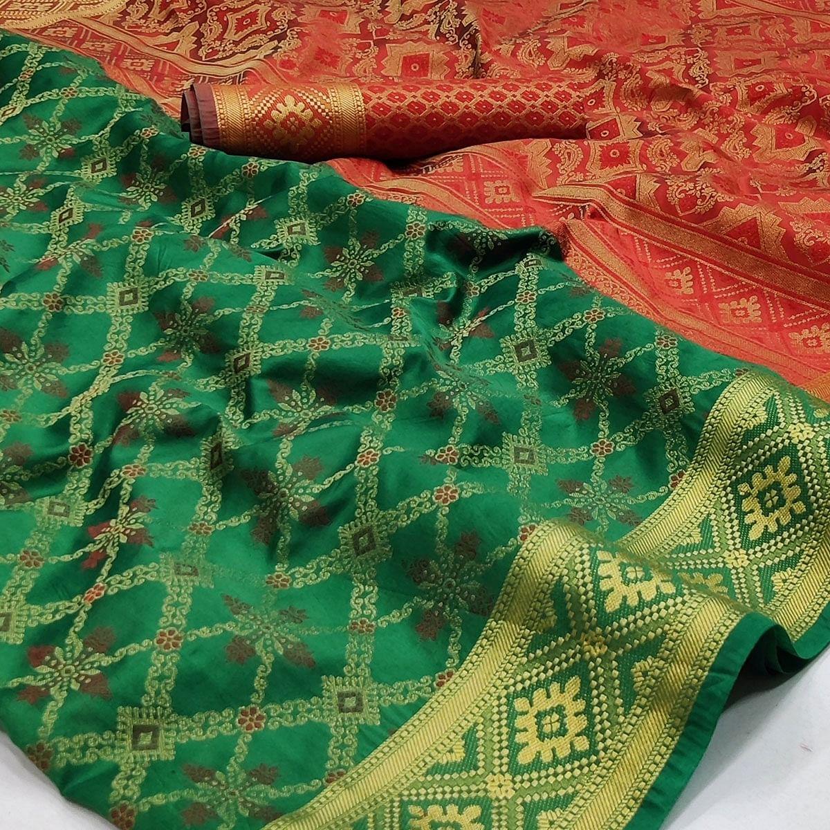 Green Woven Art Silk Saree - Peachmode