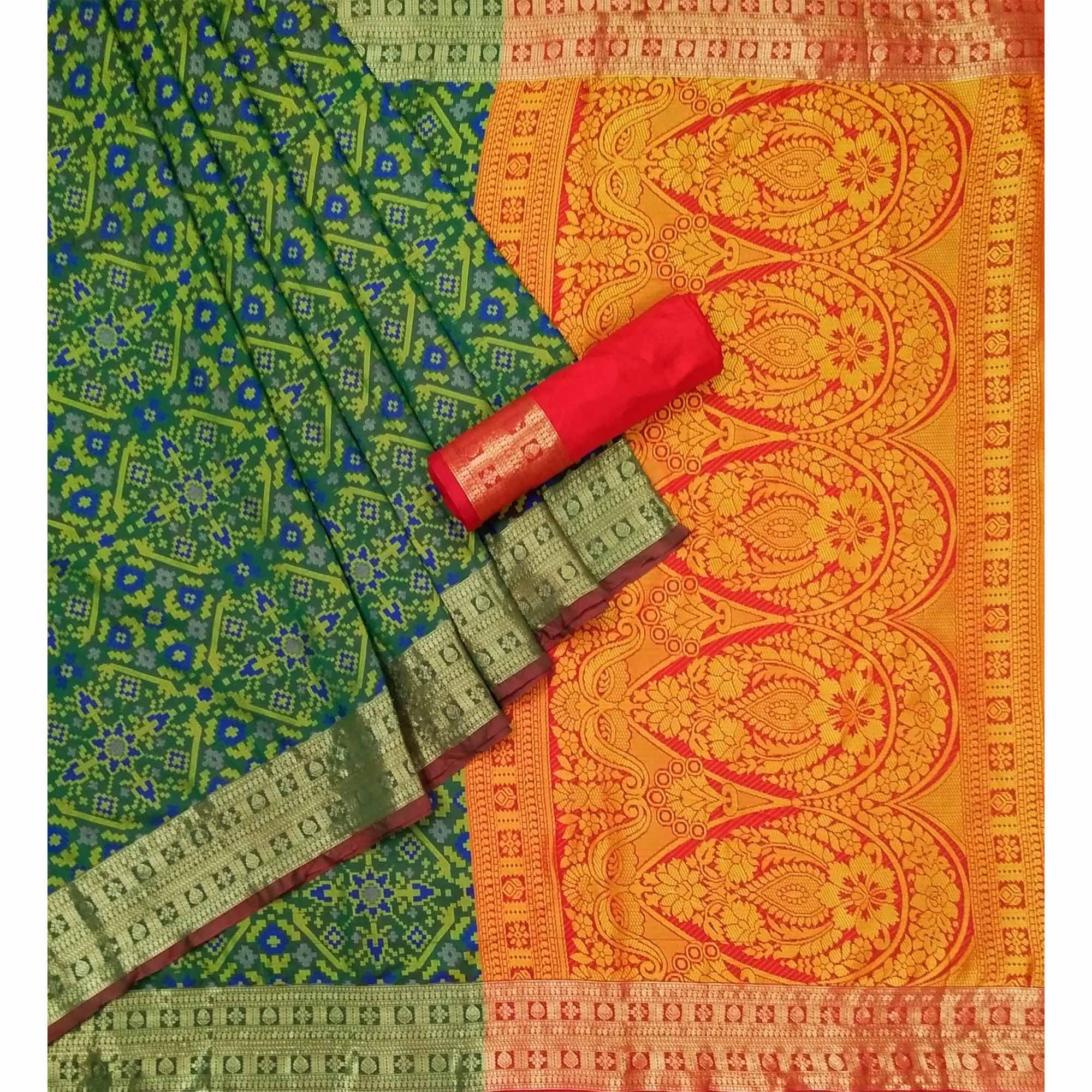 Green Woven Art Silk Saree - Peachmode