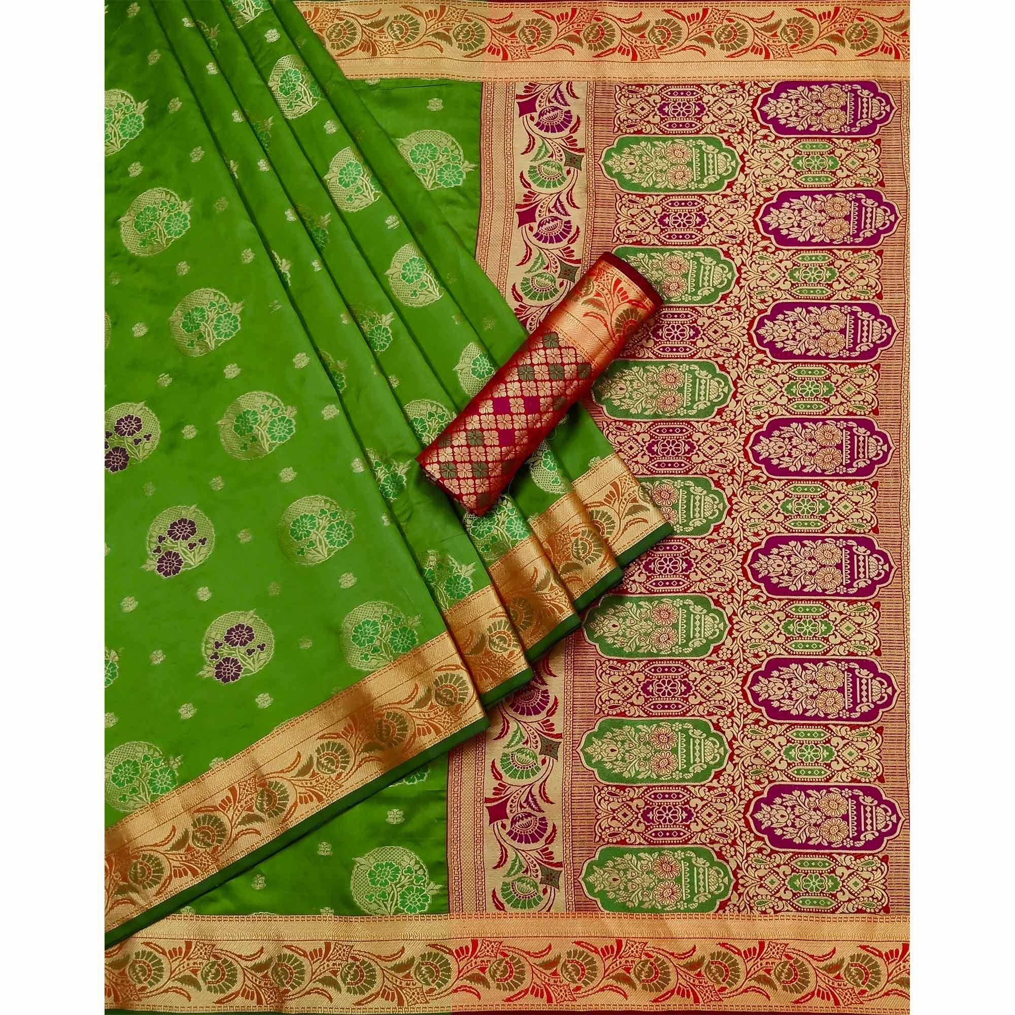 Green Woven Art Silk Saree - Peachmode