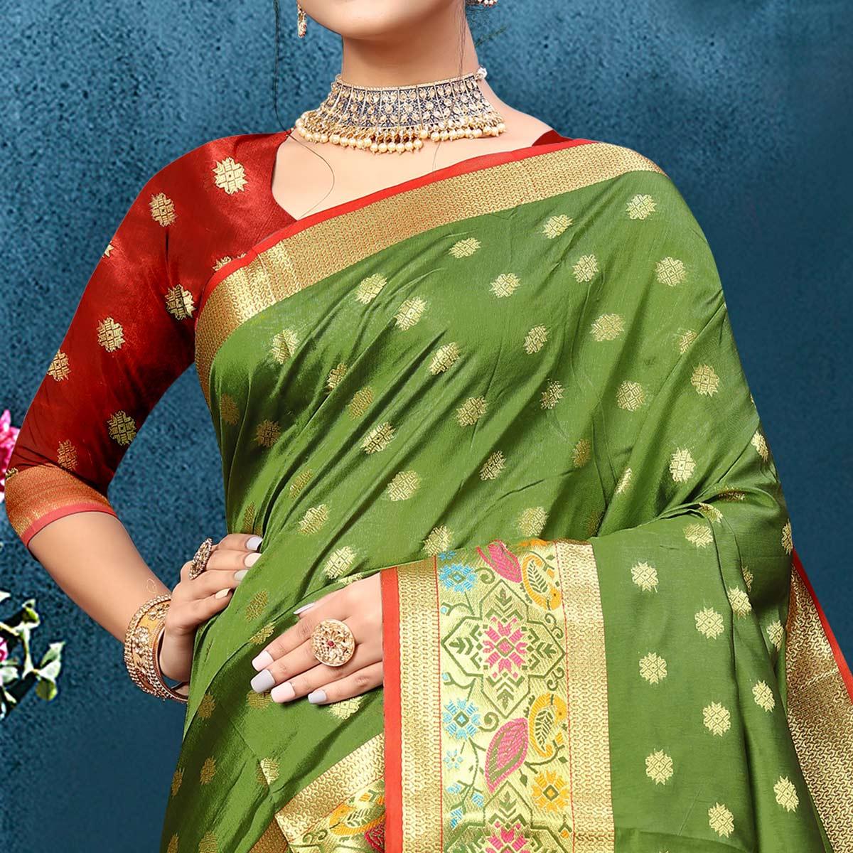Green Woven Art Silk Saree - Peachmode