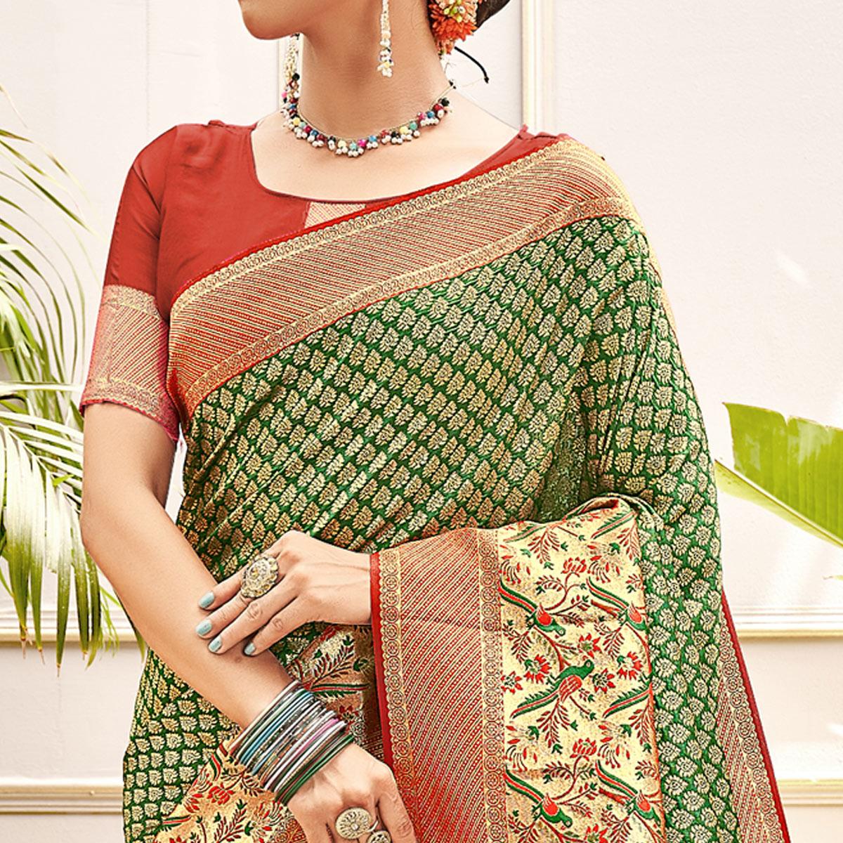 Green Woven Art Silk Saree - Peachmode