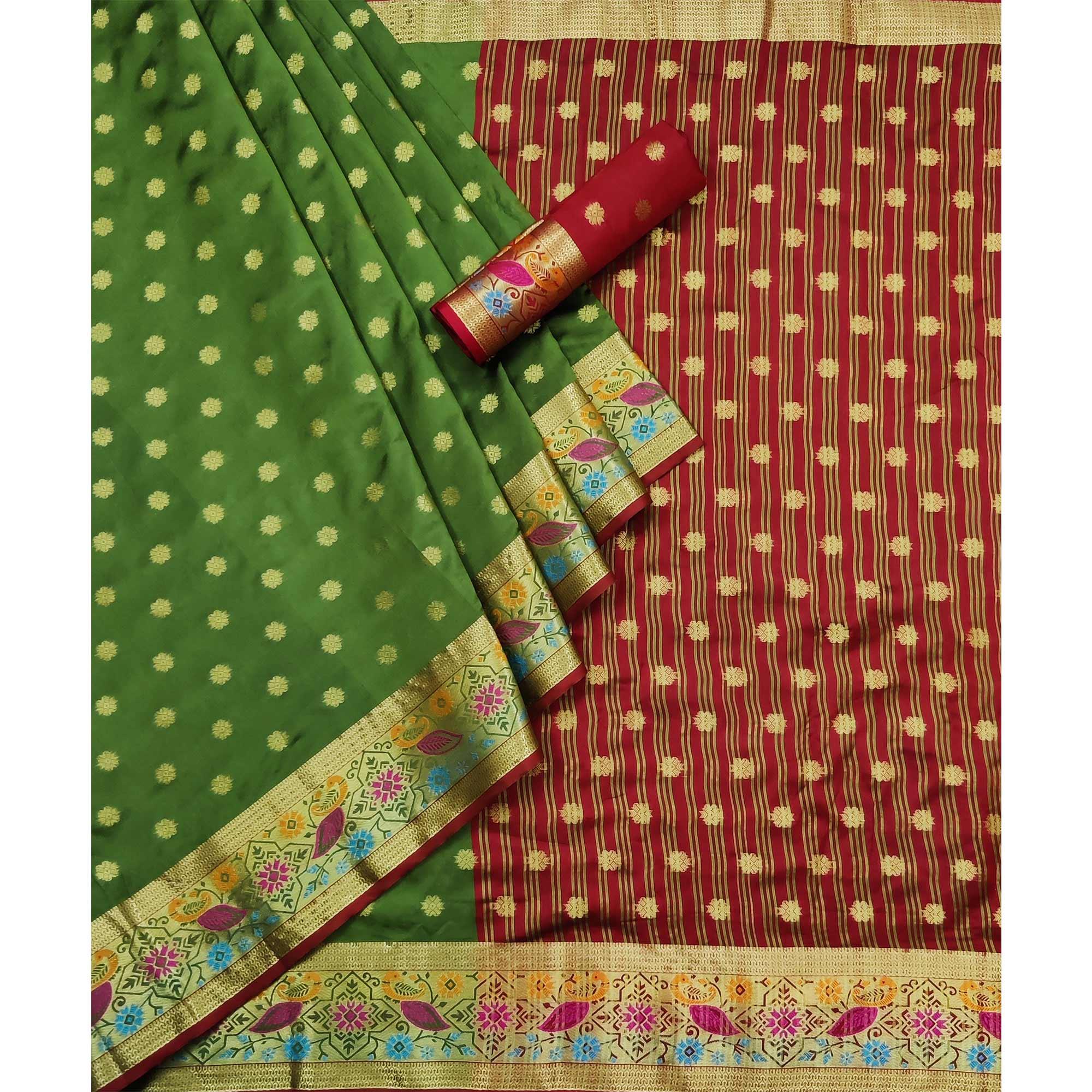 Green Woven Art Silk Saree - Peachmode