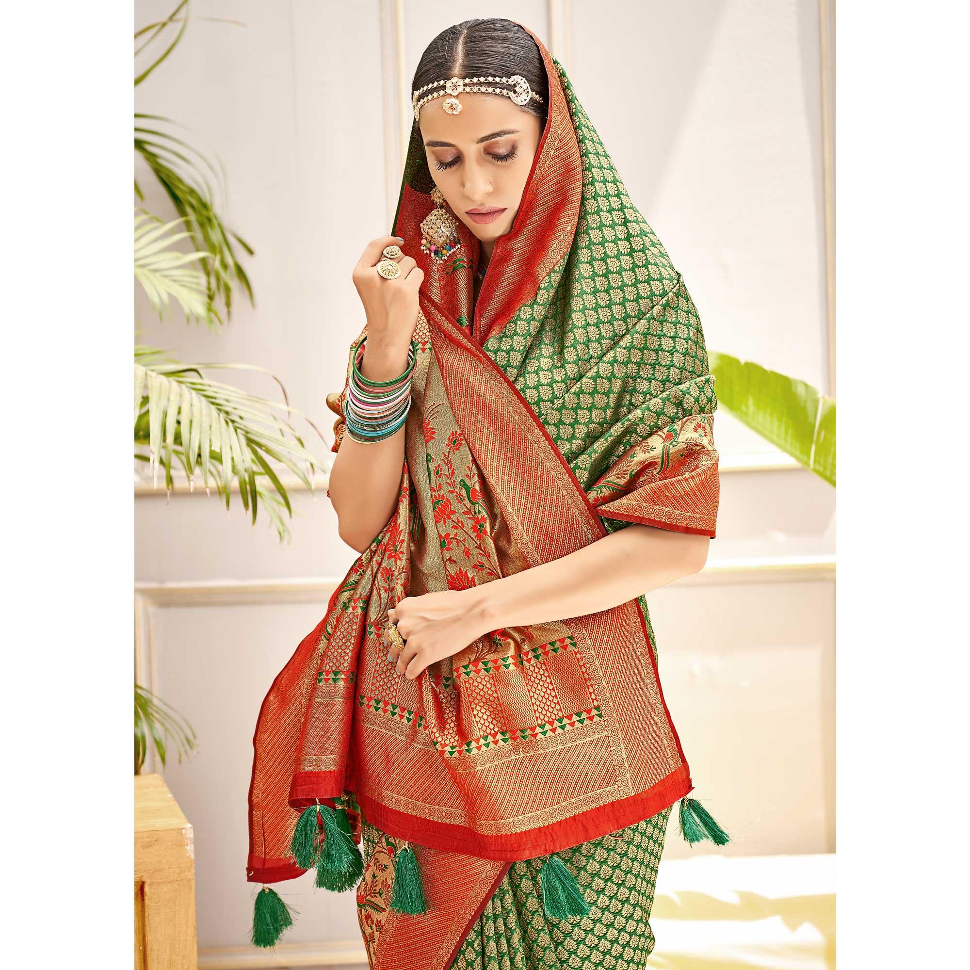 Green Woven Art Silk Saree - Peachmode
