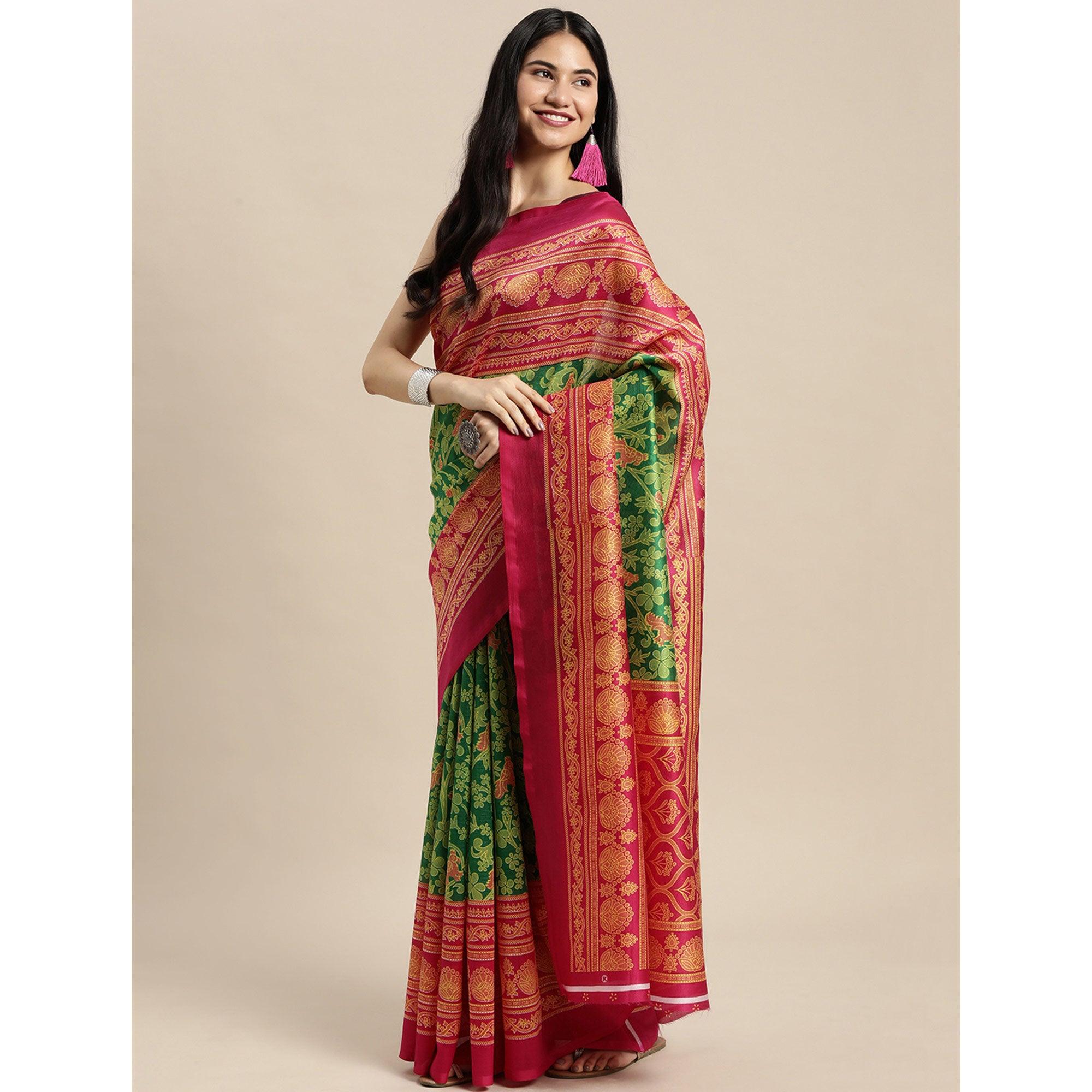 Green Woven Art Silk Saree - Peachmode