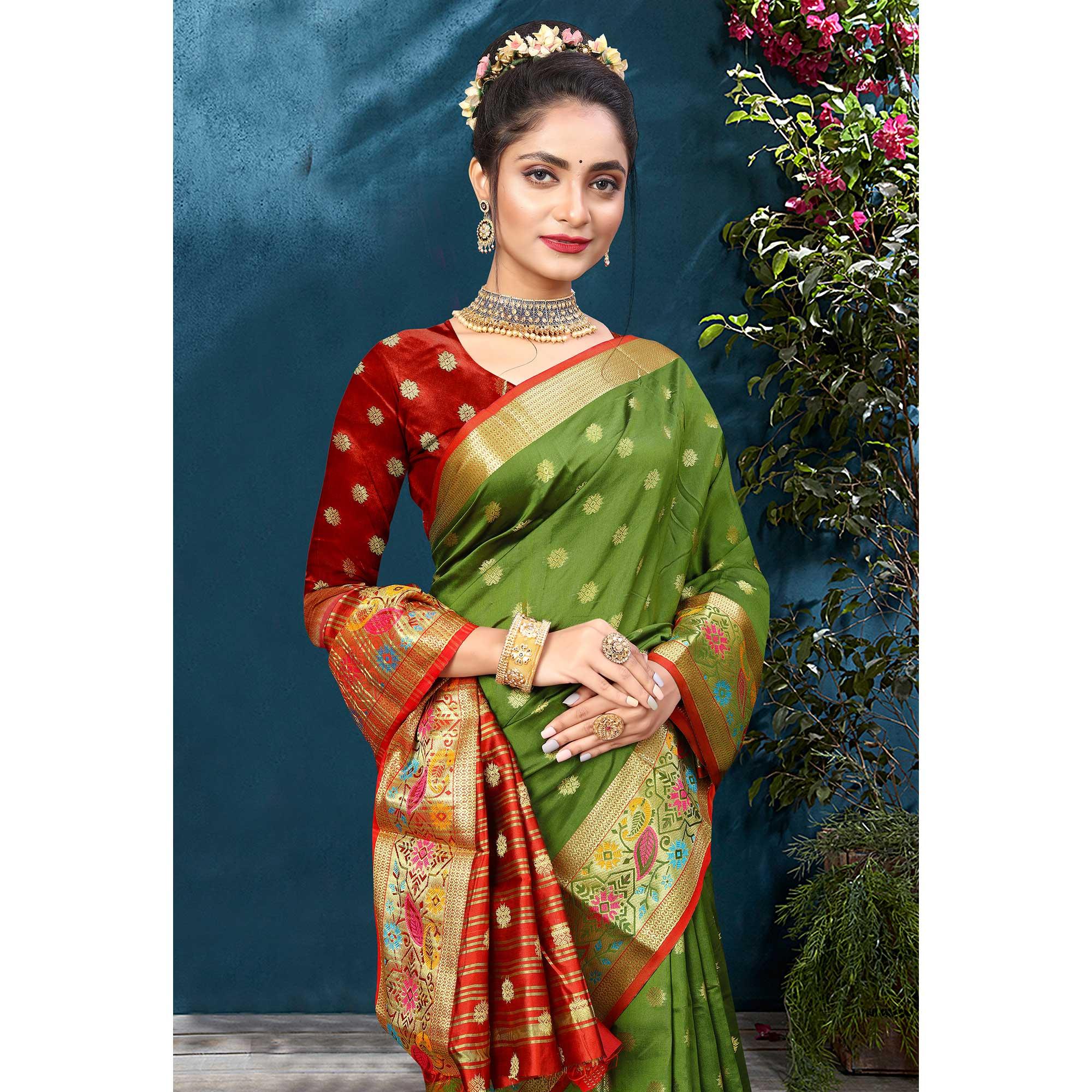 Green Woven Art Silk Saree - Peachmode