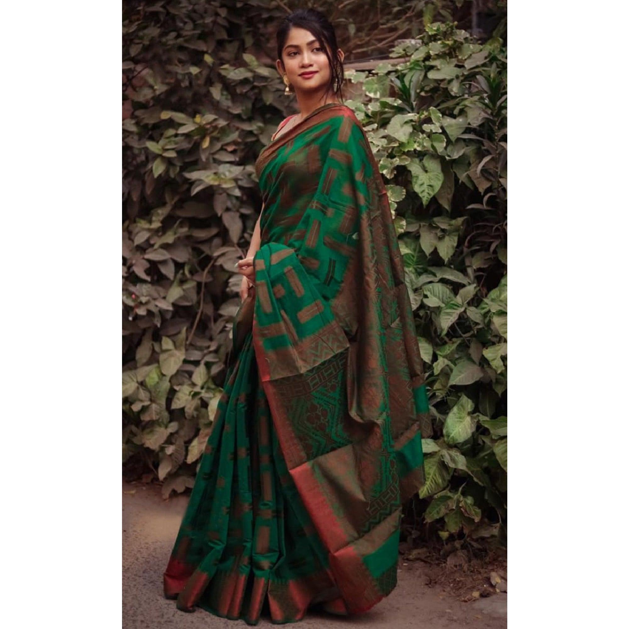 Green Woven Art Silk Saree - Peachmode