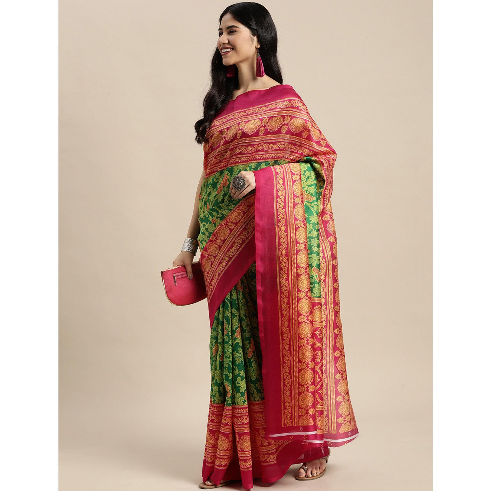 Green Woven Art Silk Saree - Peachmode