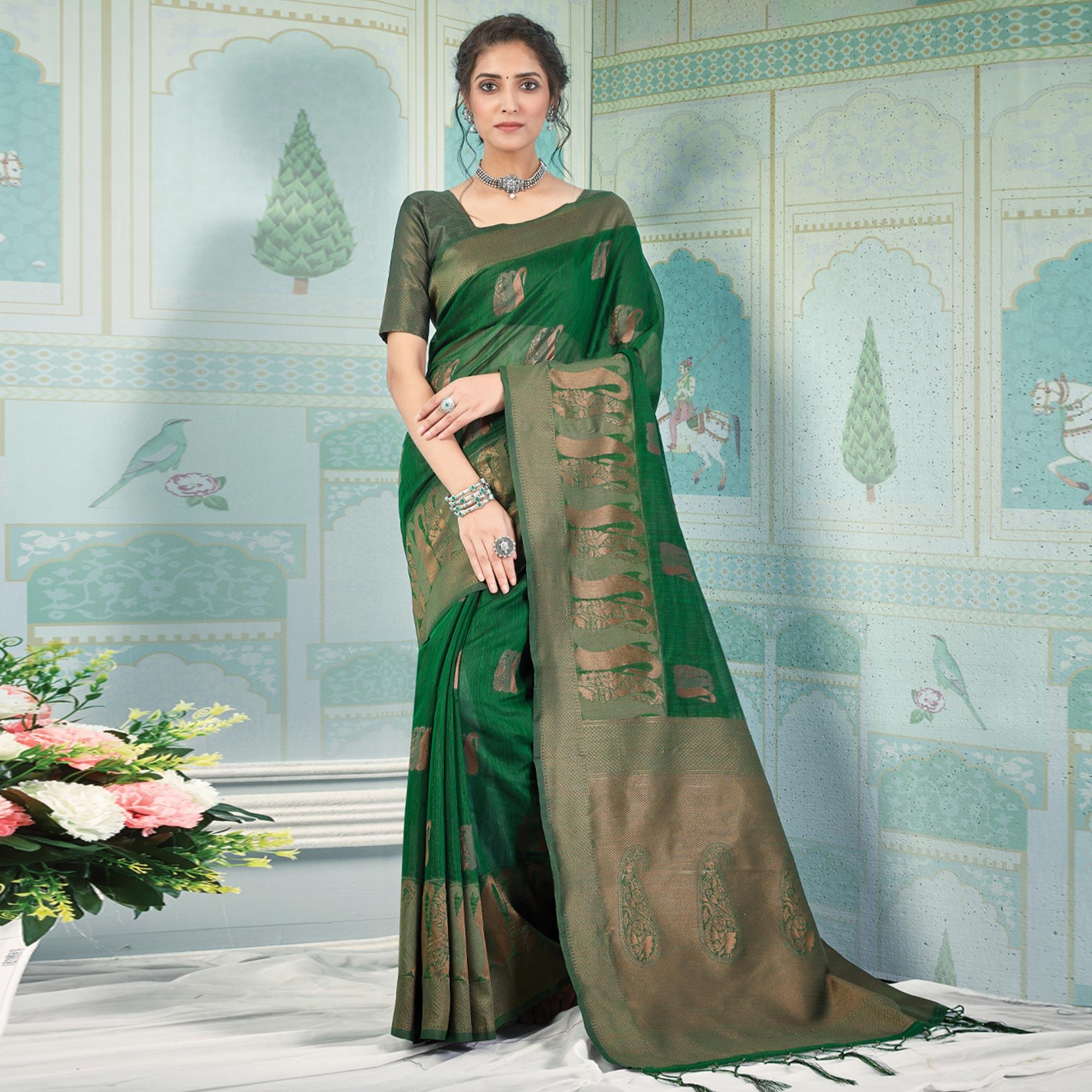Green Woven Art Silk Saree With Tassels - Peachmode