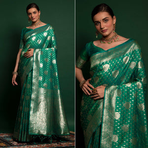 Green Woven Art Silk Saree With Tassels - Peachmode
