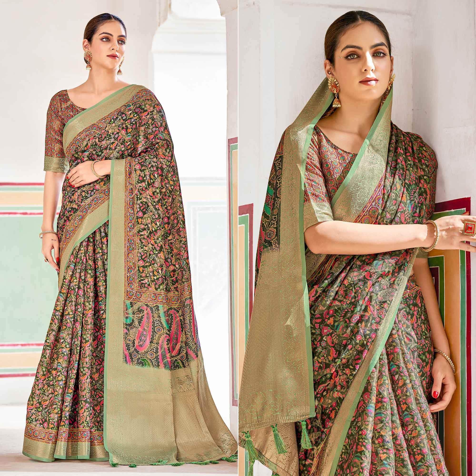 Green Woven Art Silk Saree With Tassels - Peachmode