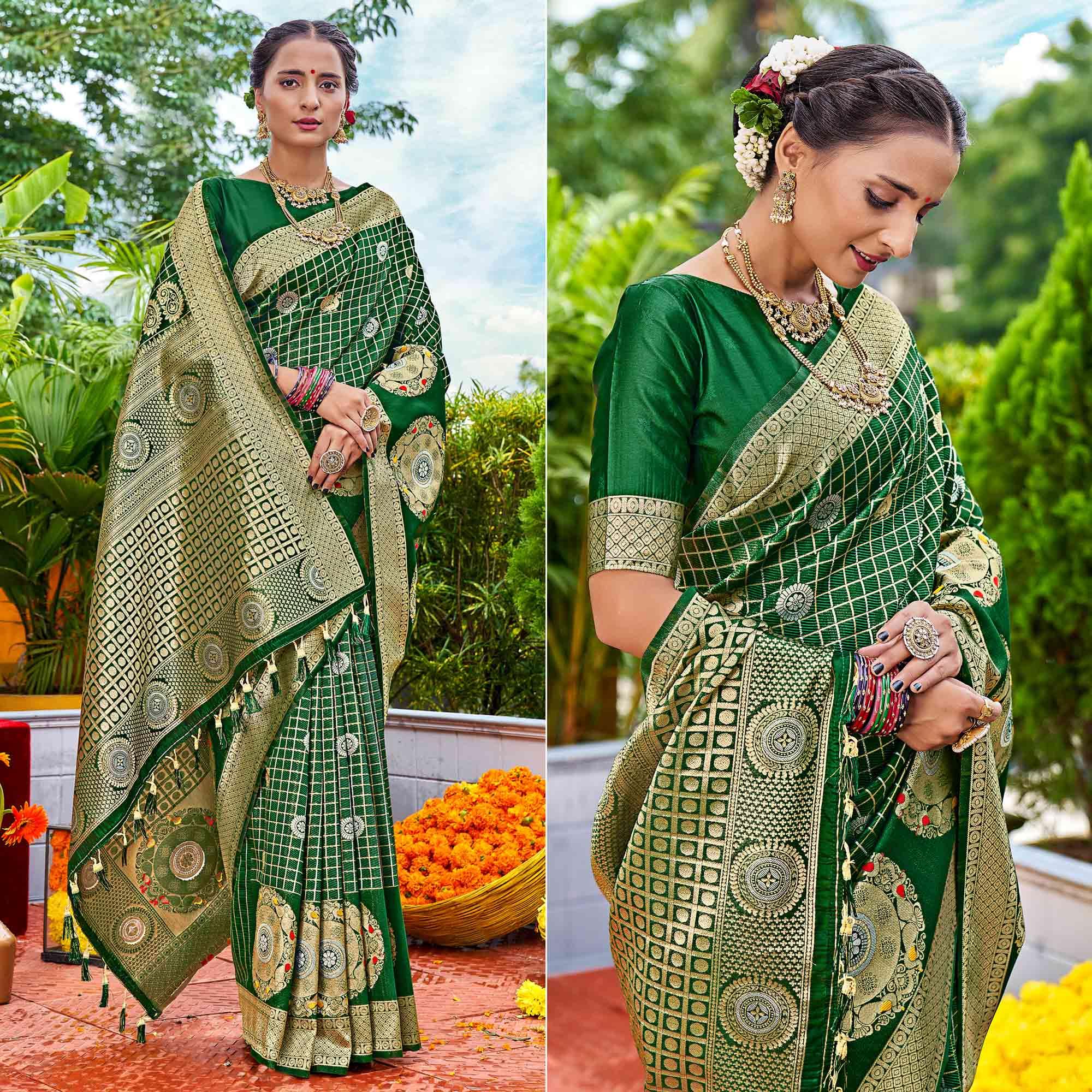 Green Woven Art Silk Saree With Tassels - Peachmode
