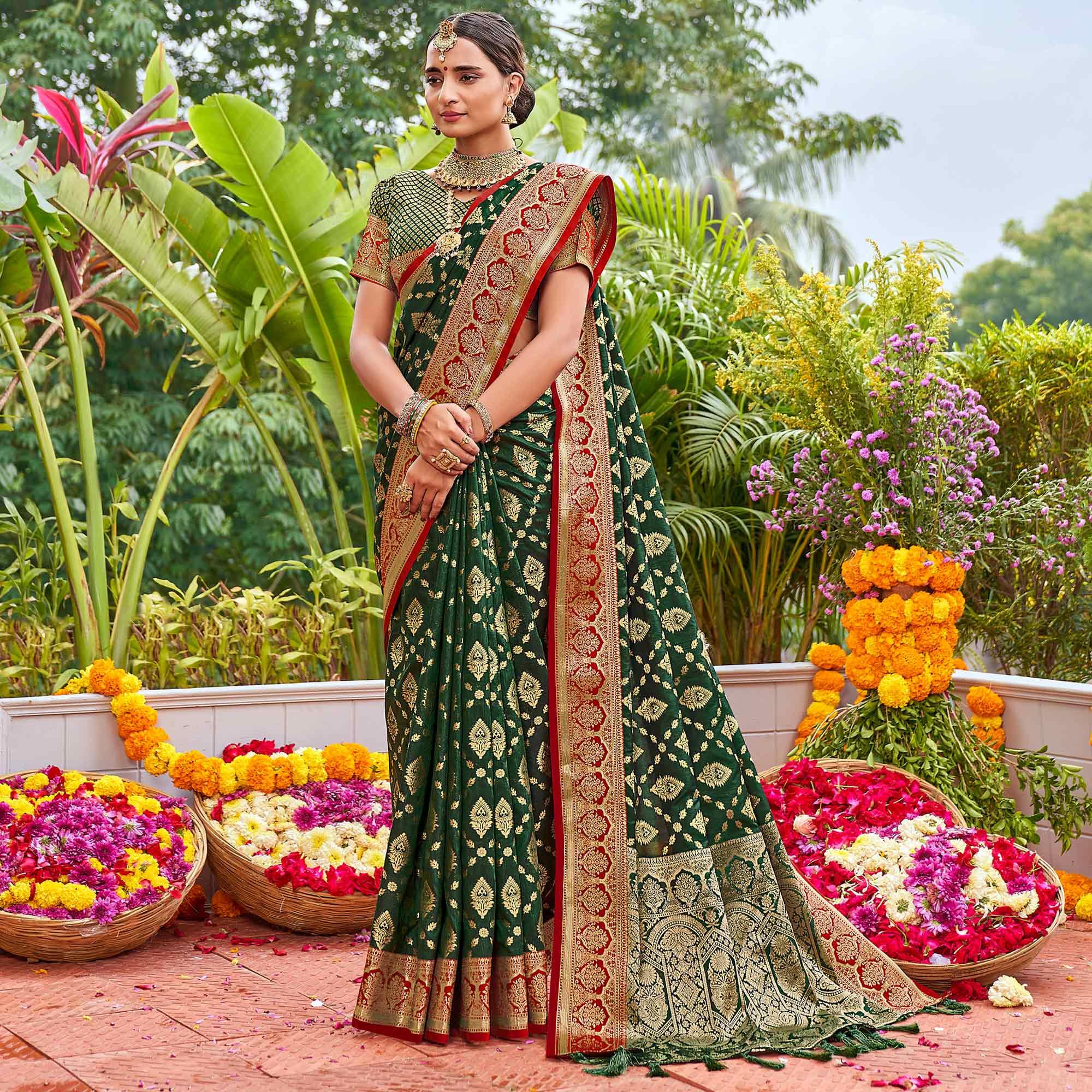 Green Woven Art Silk Saree With Tassels - Peachmode