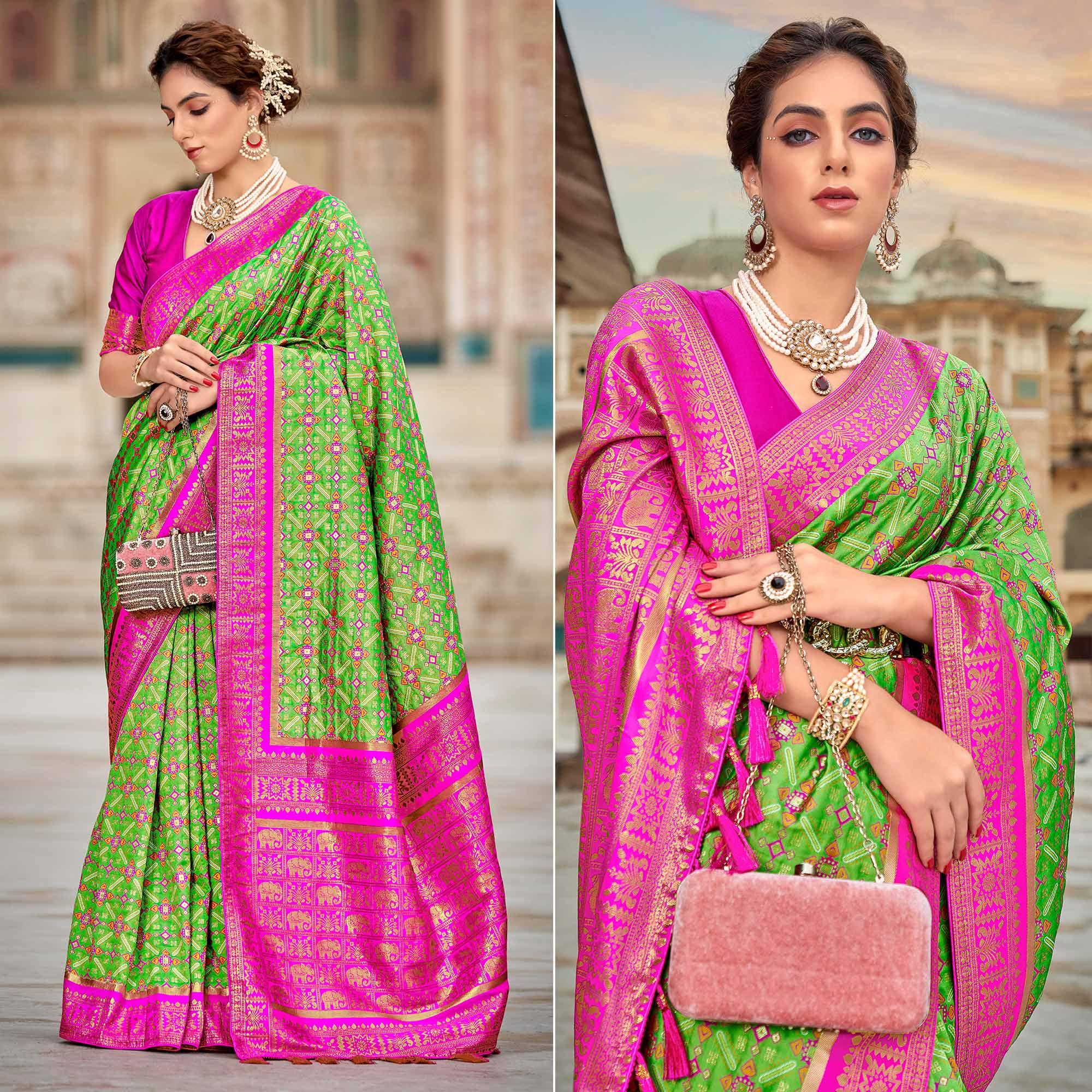 Green Woven Art Silk Saree With Tassels - Peachmode