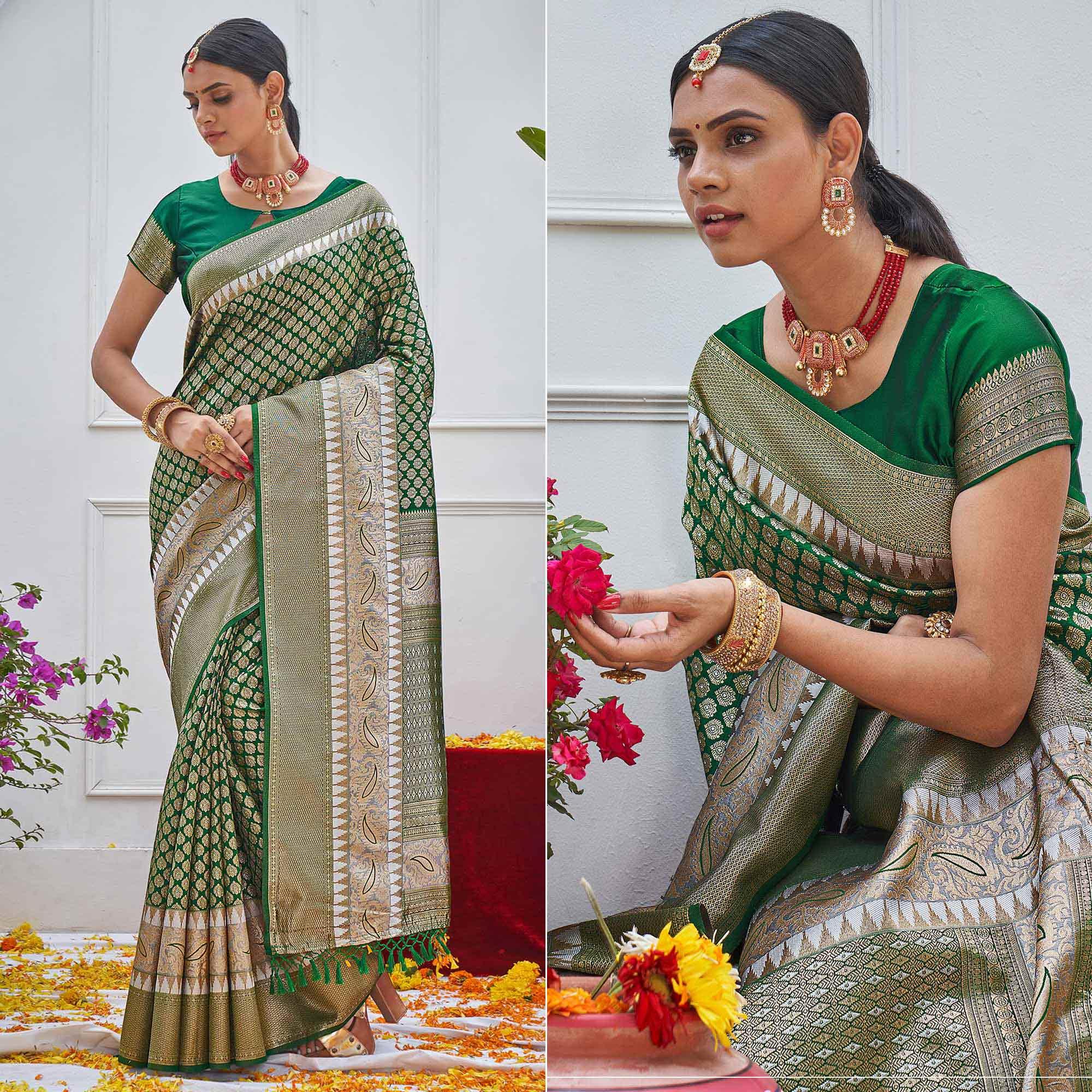 Green Woven Art Silk Saree With Tassels - Peachmode