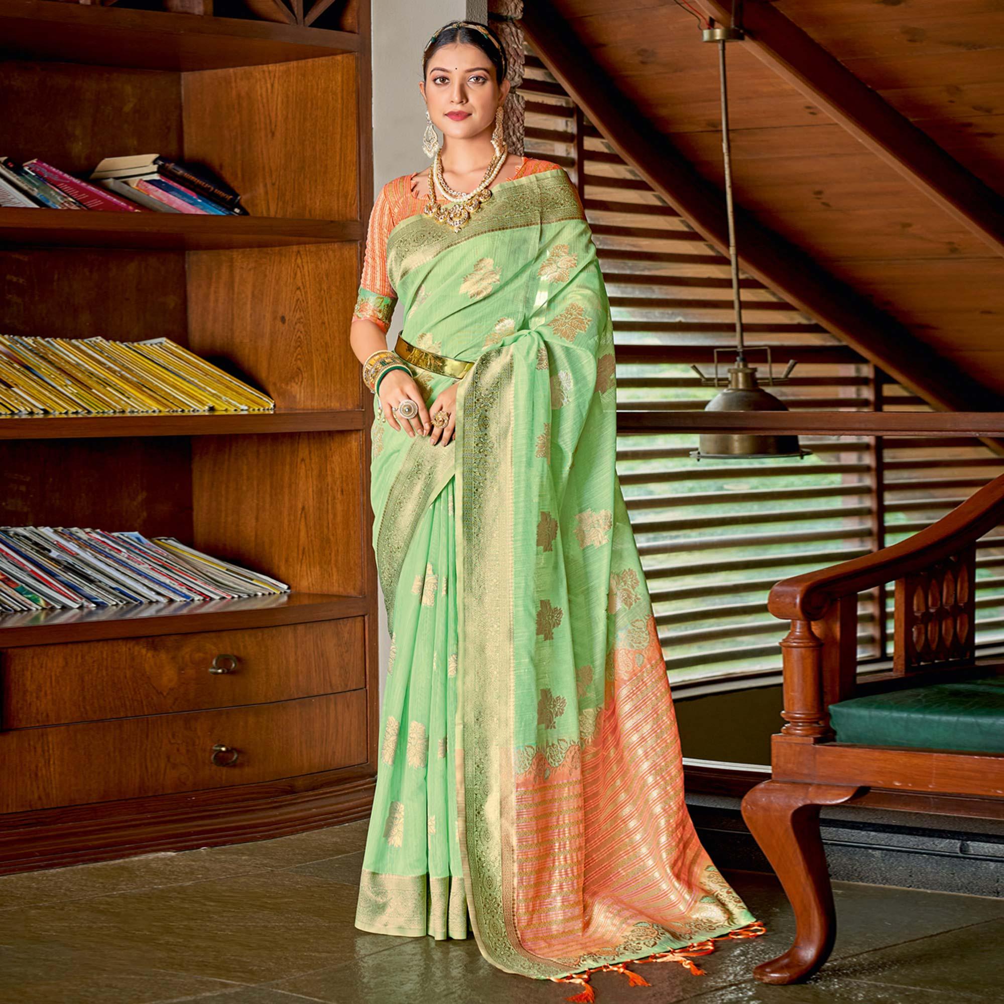 Green Woven Art Silk Saree With Tassels - Peachmode
