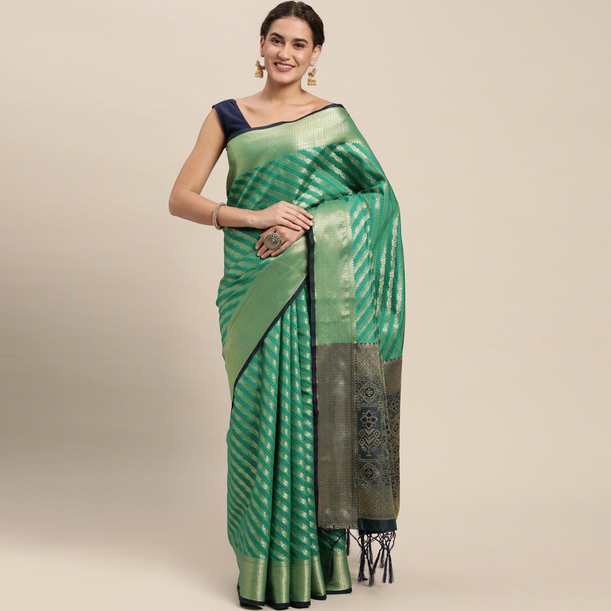 Green Woven Art Silk Saree with Tassels - Peachmode
