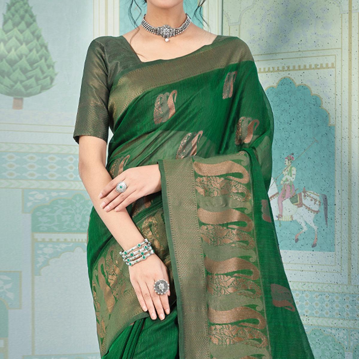 Green Woven Art Silk Saree With Tassels - Peachmode