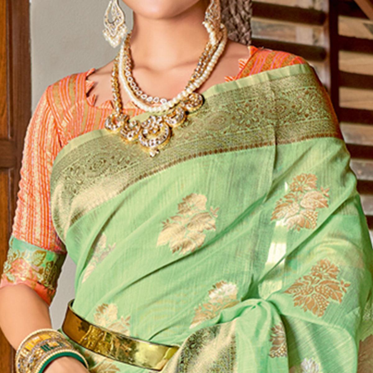 Green Woven Art Silk Saree With Tassels - Peachmode