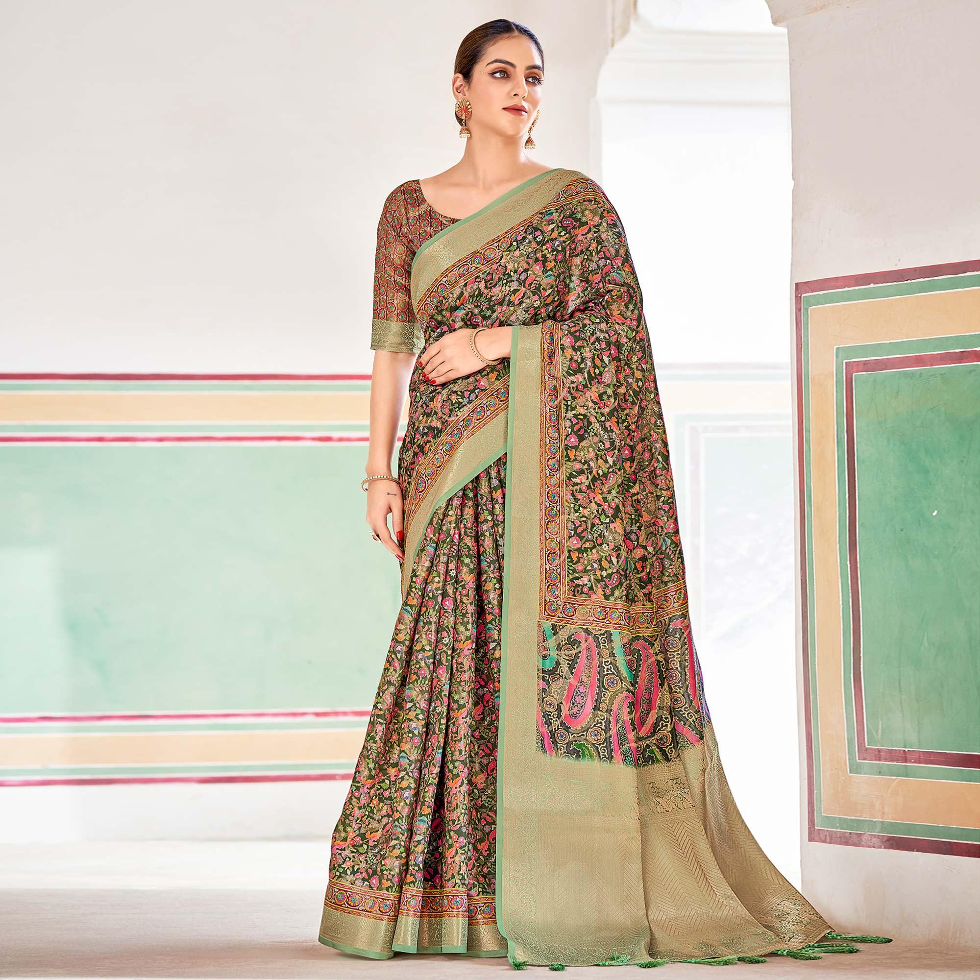 Green Woven Art Silk Saree With Tassels - Peachmode