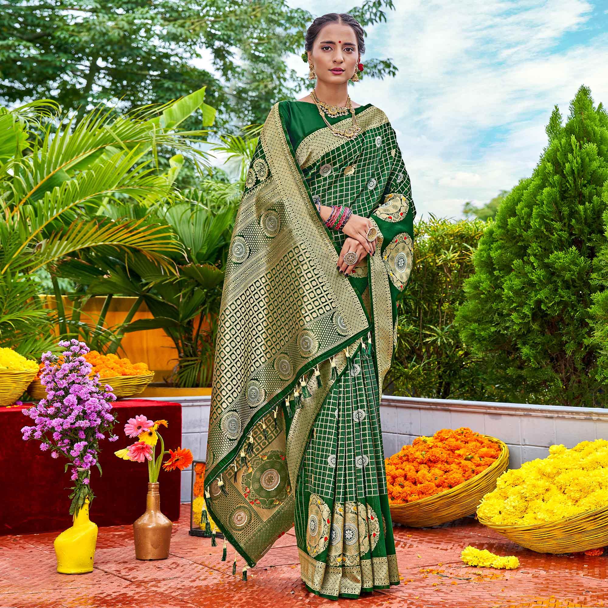 Green Woven Art Silk Saree With Tassels - Peachmode