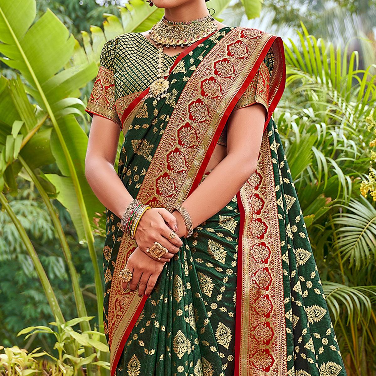 Green Woven Art Silk Saree With Tassels - Peachmode